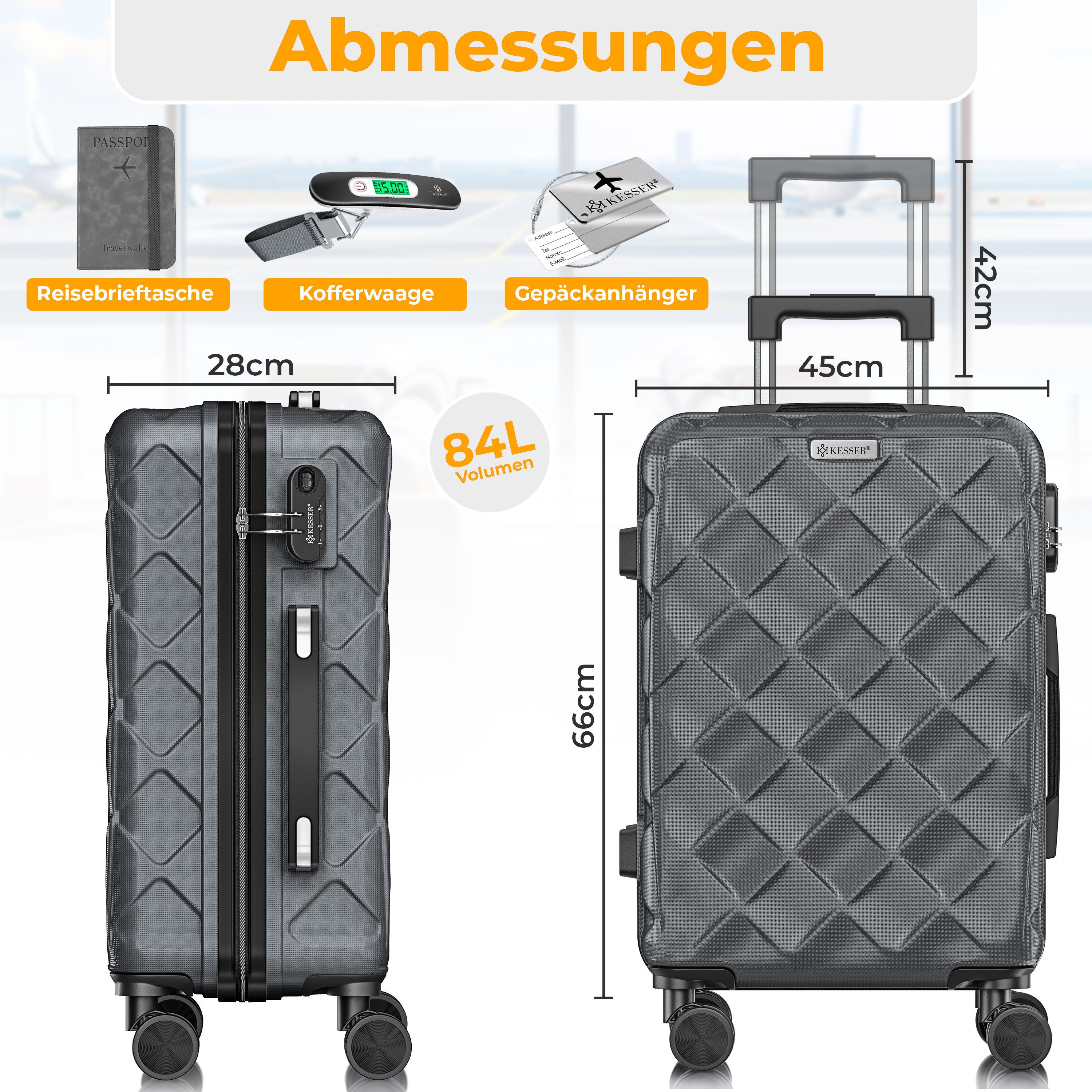 KESSER Hartschalen-Trolley Reisekoffer, 4 Rollen, ABS Hartschalenkoffer mit Zahlenschloss Kofferwaage & Reisebrieftasche
