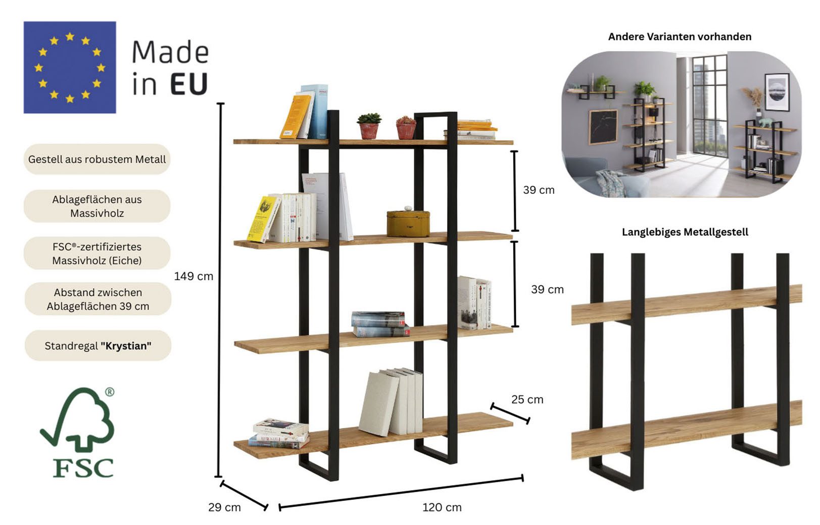 Home affaire Bücherregal Krystian Regal, Raumteiler, Ablagen aus Eichenholz, Gestell aus robustem Metall