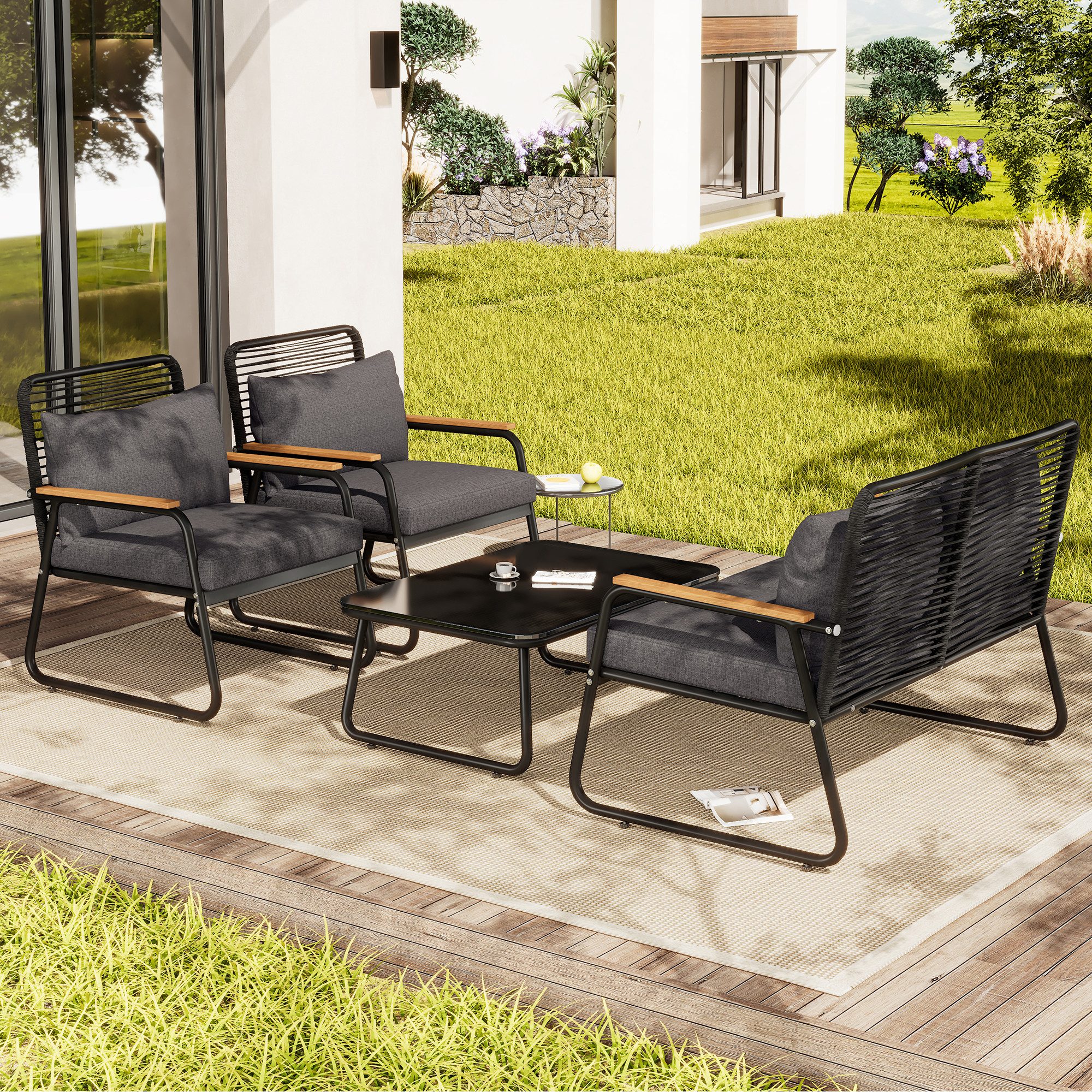 Flieks Gartenlounge-Set, 4-Sitzer Gartenmöbel Balkonset mit Tischplatte aus gehärtetem Glas