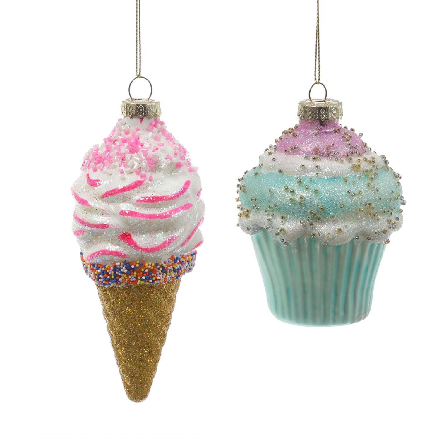 MARELIDA Christbaumschmuck Weihnachtsbaumschmuck Eis Cupcake Muffin mit Perlen Glas H: 13cm/10cm