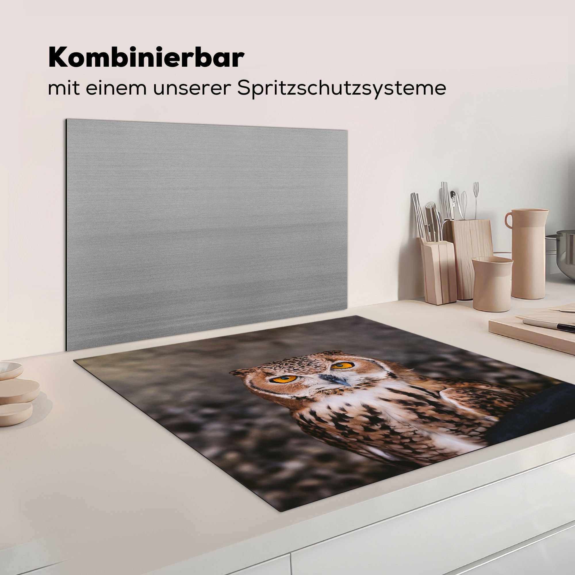 - 78x78 Braune für Vinyl, Vogel - Herdblende-/Abdeckplatte Ceranfeldabdeckung, küche Eule (1 MuchoWow tlg), Tiere, cm, Arbeitsplatte