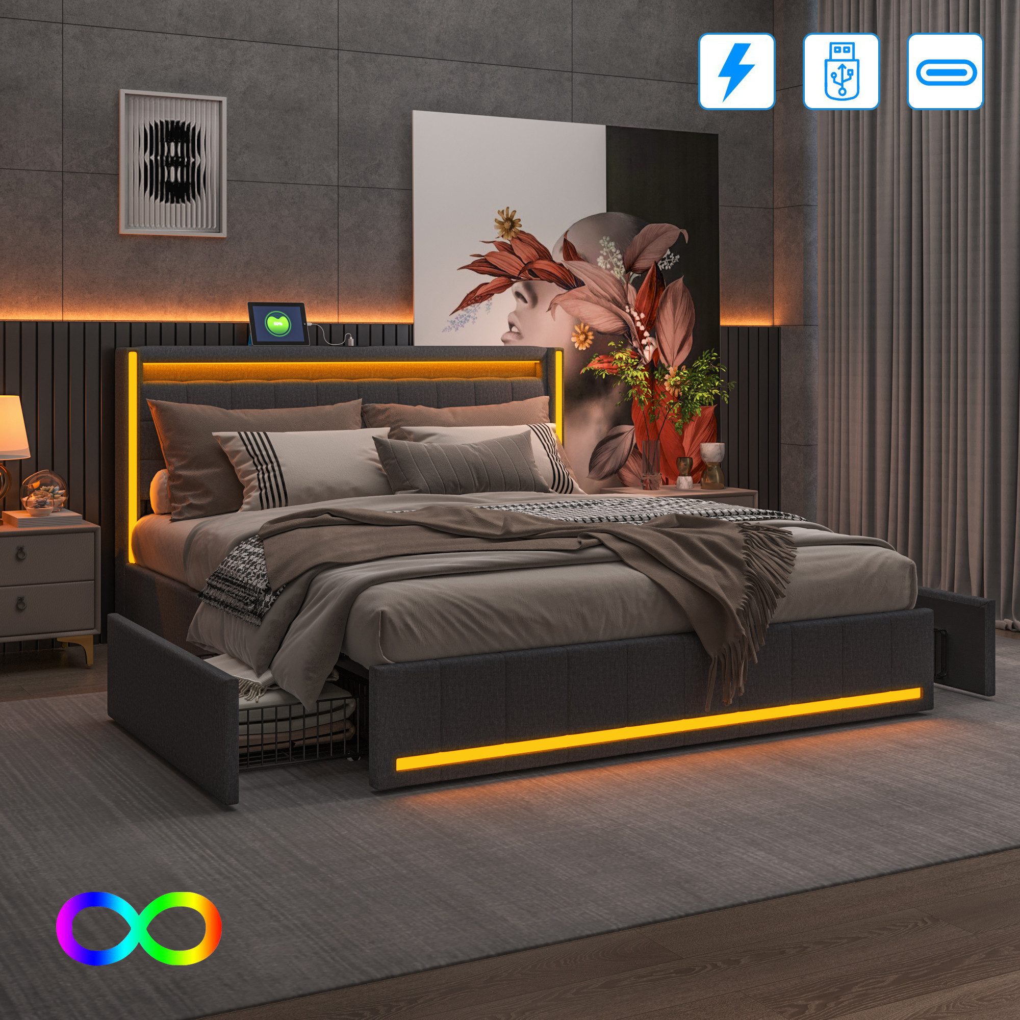 Furnishings Home Polsterbett Stauraumbett Doppelbett LED (1 tlg, Mit Vier e günstig online kaufen