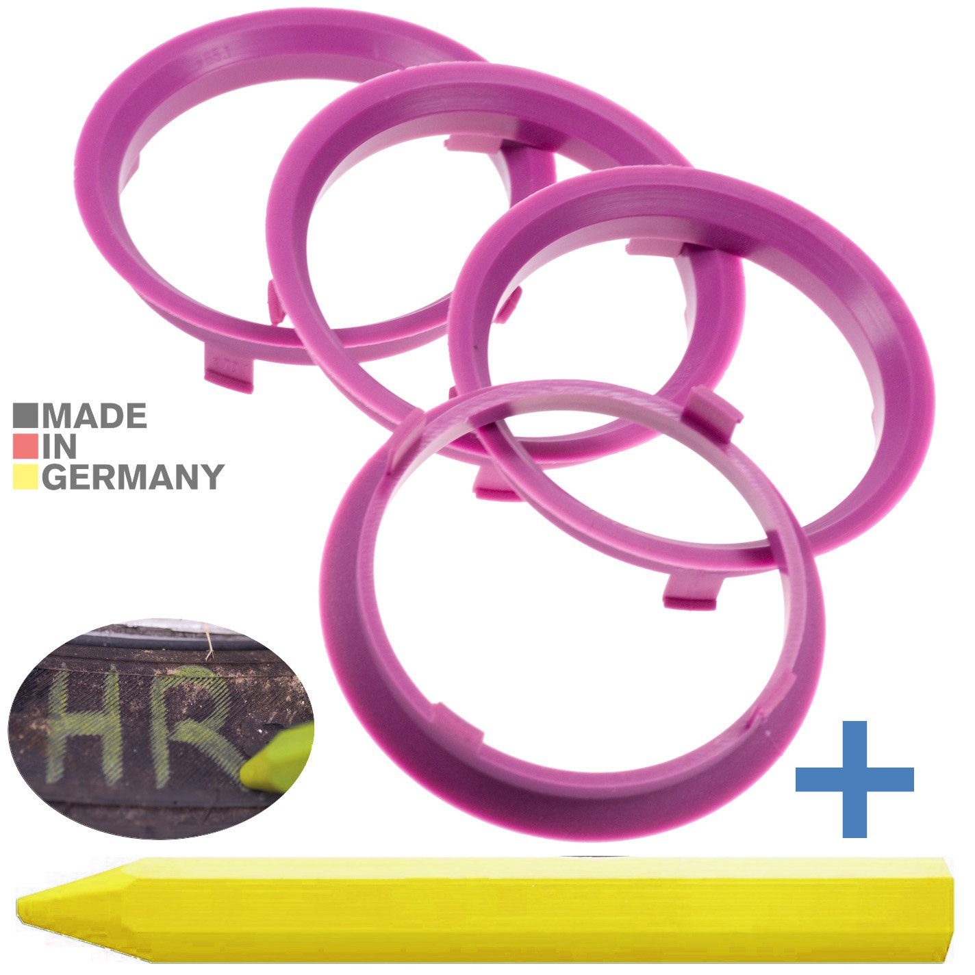 RKC Reifenstift 4X Zentrierringe Violett Felgen Ringe + 1x Reifen Kreide Fett Stift, Maße: 70,1 x 65,1 mm