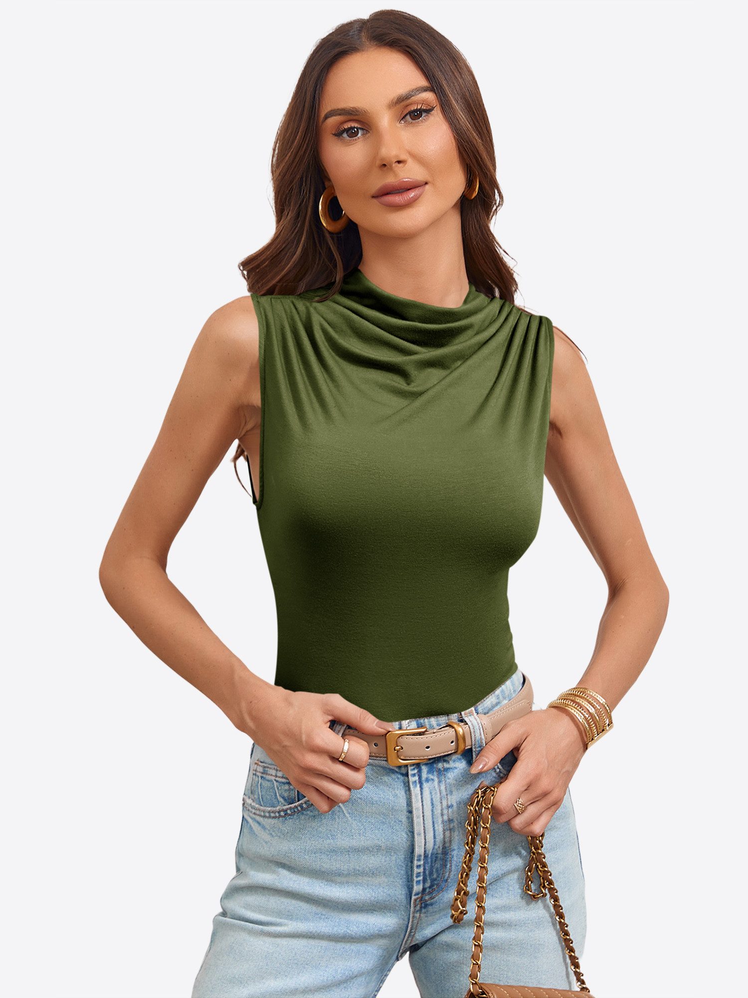 Imily Bela Tanktop Damen ärmellos Top mit Drapiert-Kragen Slim Casual hoher Ausschnitt (Packung, 1-tlg., 1per-Pack) in Unifarbe