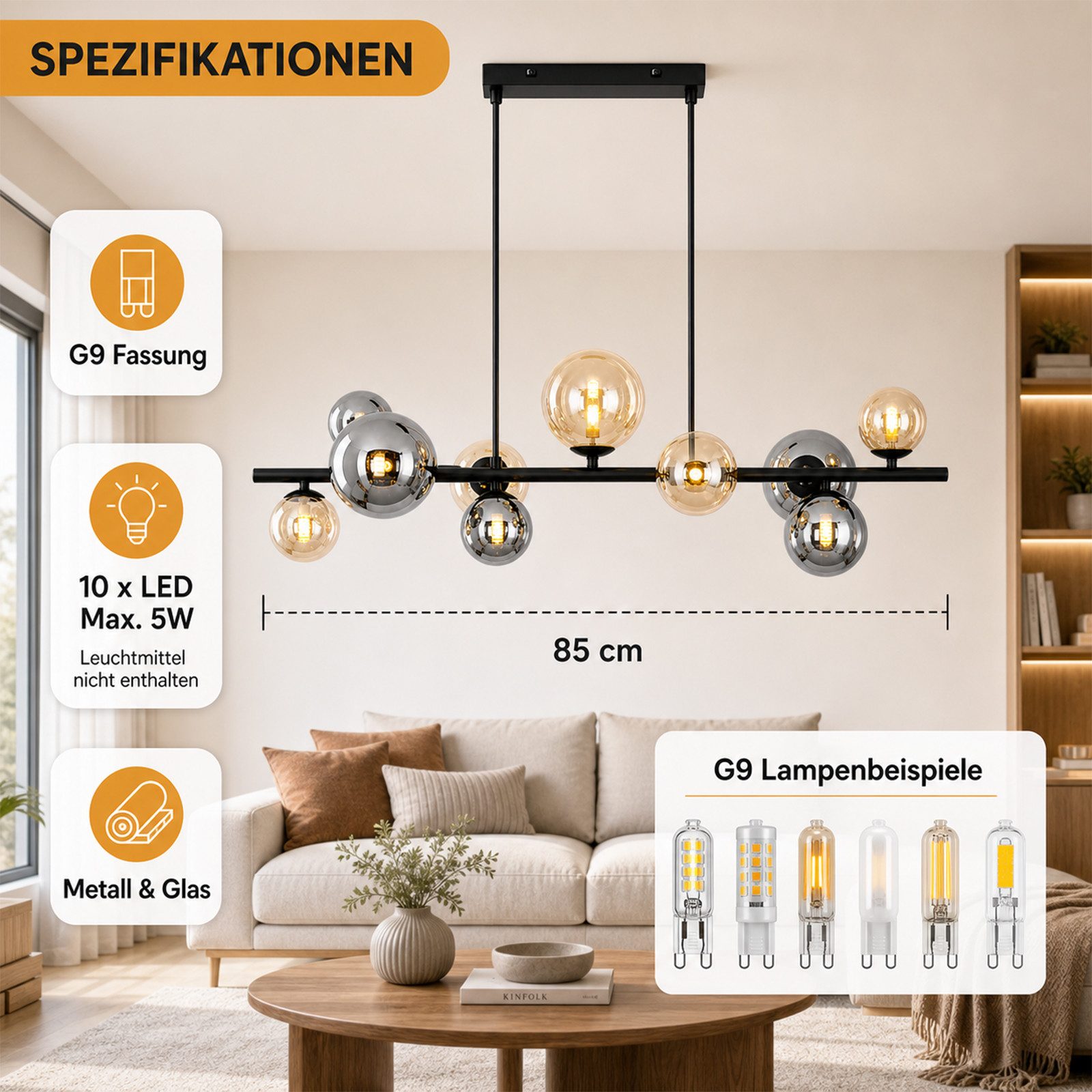 Nettlife Pendelleuchte Esstisch 10flammig Glas Schwarz Modern Hängelampe G9, ohne Leuchtmittel, für Esszimmer Wohnzimmer Schlafzimmer Kronleuchter – Bild 2 von 5