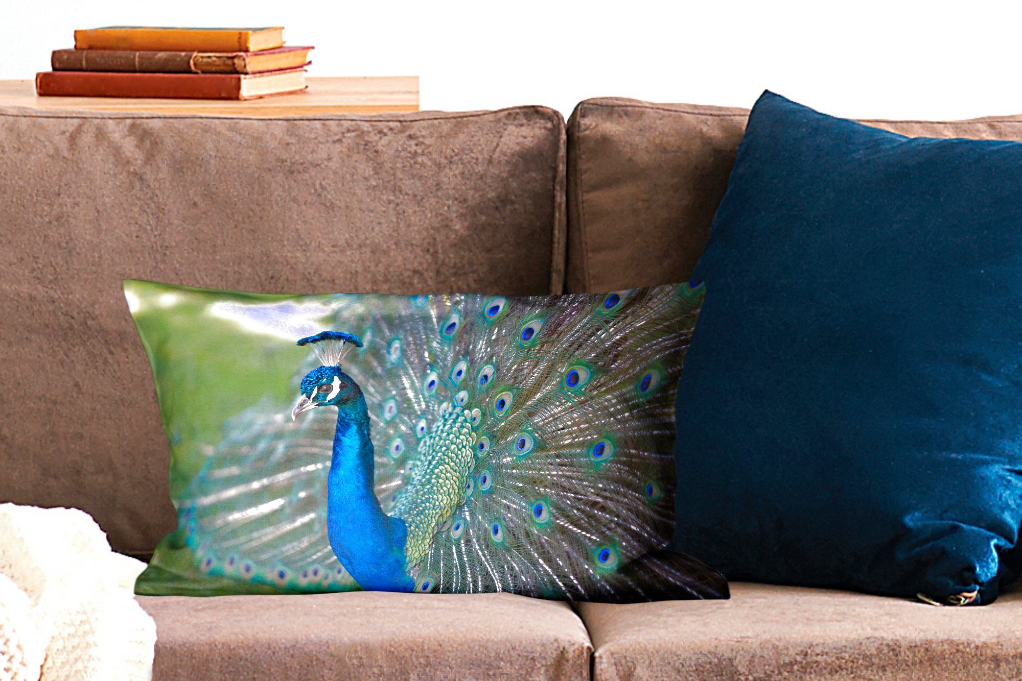 Pfau Dekokissen Blau, Dekoration, Wohzimmer MuchoWow Zierkissen, Vögel Schlafzimmer Dekokissen mit - - Füllung,