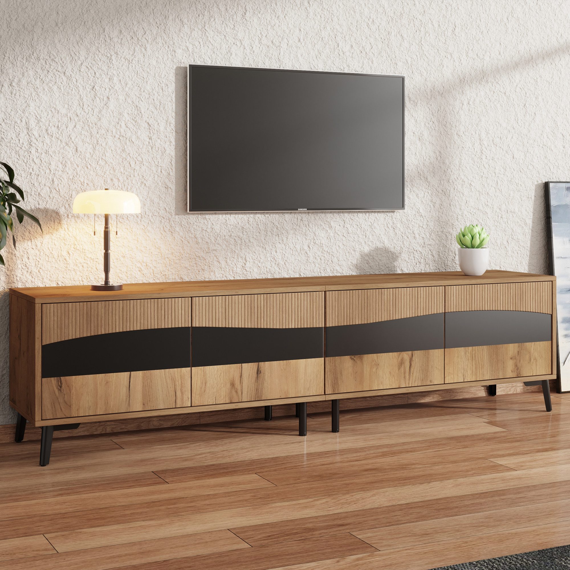 Merax Lowboard mit Holzmaserung-Oberfläche (1 St), TV Schrank mit 4 Schränken und 8 Beinen, Fernsehschrank, 180x40x50cm