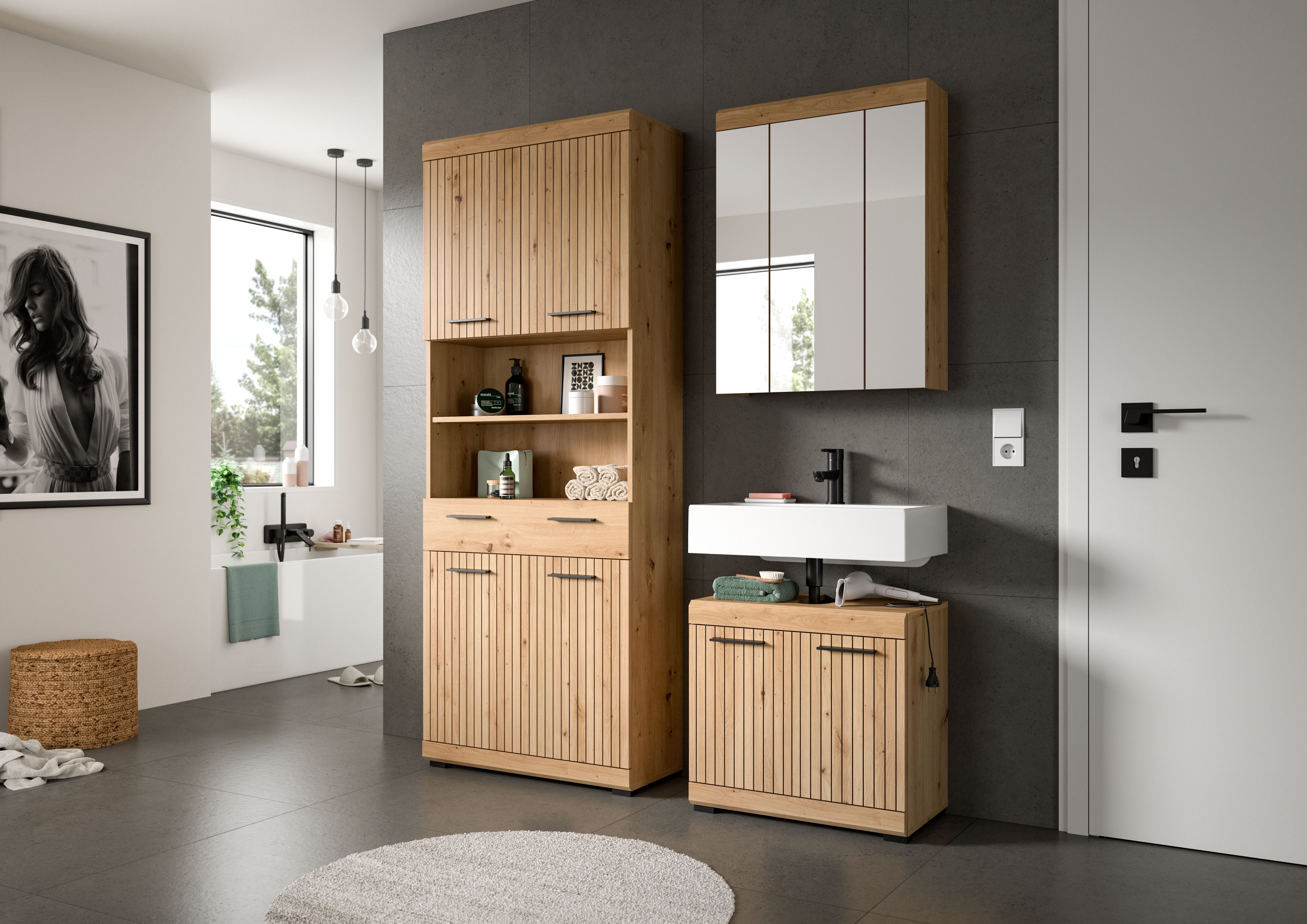 welltime Badmöbel-Set SIENA, TOPSELLER!, Breite 149cm, 3-teiliges Set, (Set, 3-St., bestehend aus: Hochschrank, Waschbeckenunterschrank & Spiegelschrank), Kombination, Badkombination, Bad-Set, Badezimmerschrank, Bad, Schrank