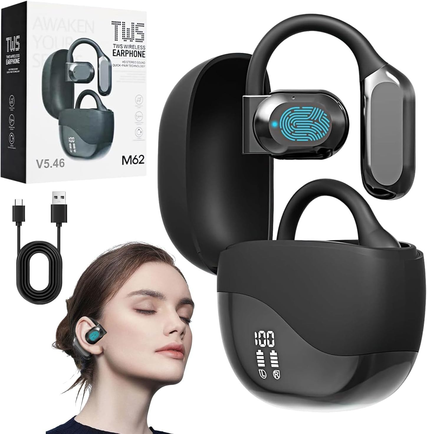 RWEUOQ Bluetooth Kopfhörer Übersetzungs Kopfhörer Open-Ear-Kopfhörer Open-Ear-Kopfhörer (Clip-on Sport-Kopfhörer, Bluetooth 5.4, Offenes Ohrclip-Design, Wasserdicht, Echtzeit-Übersetzung in 144 Sprachen, Ohrhörer Übersetzergerät für Übung, Büro, Alltag, Arbeit, Reisen)