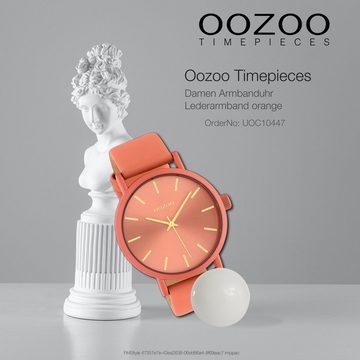 OOZOO Quarzuhr Oozoo Damen Armbanduhr OOZOO Timepieces, (Analoguhr), Damenuhr rund, groß (ca. 42mm), Lederarmband orange, Fashion