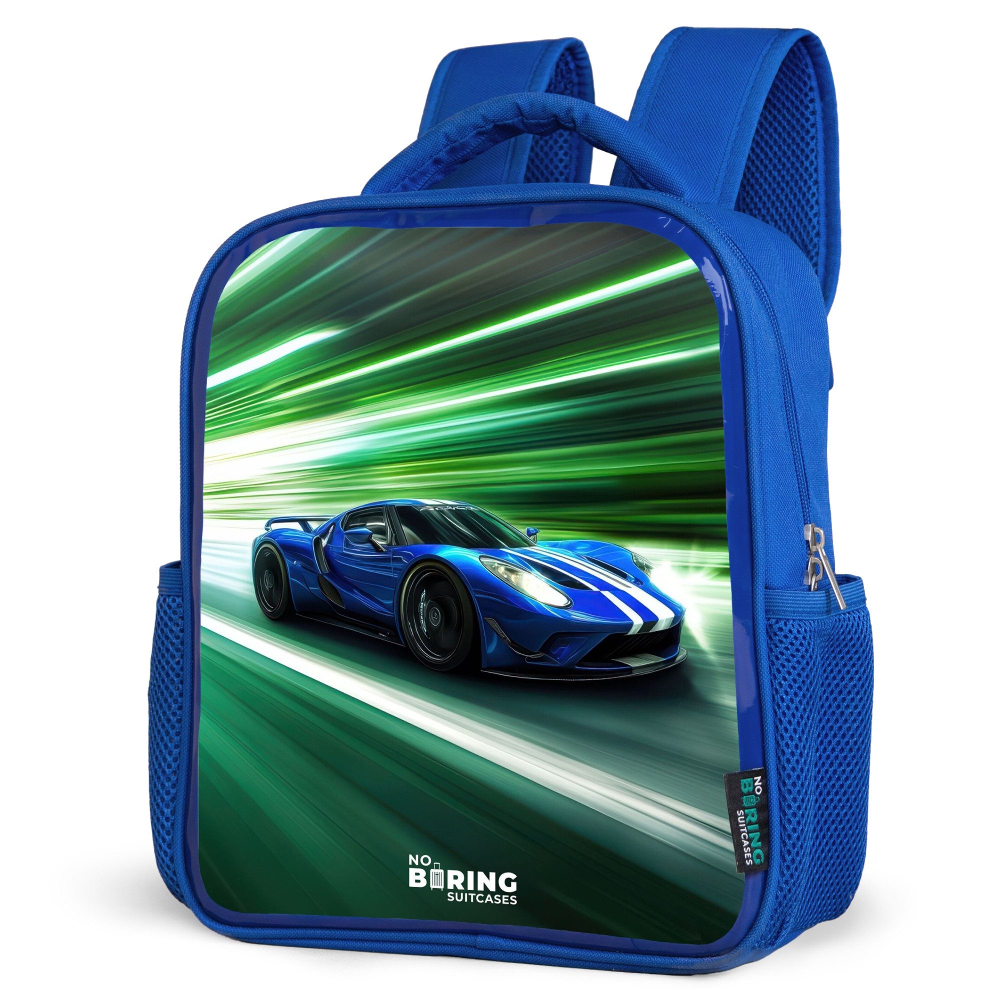 NoBoringSuitcases.com© Rucksack Blauer Rennwagen mit Streifen in grünem Tunnel, Kinderrucksack, Schulrucksack, Freizeitrucksack, Jungen, Kindergarten