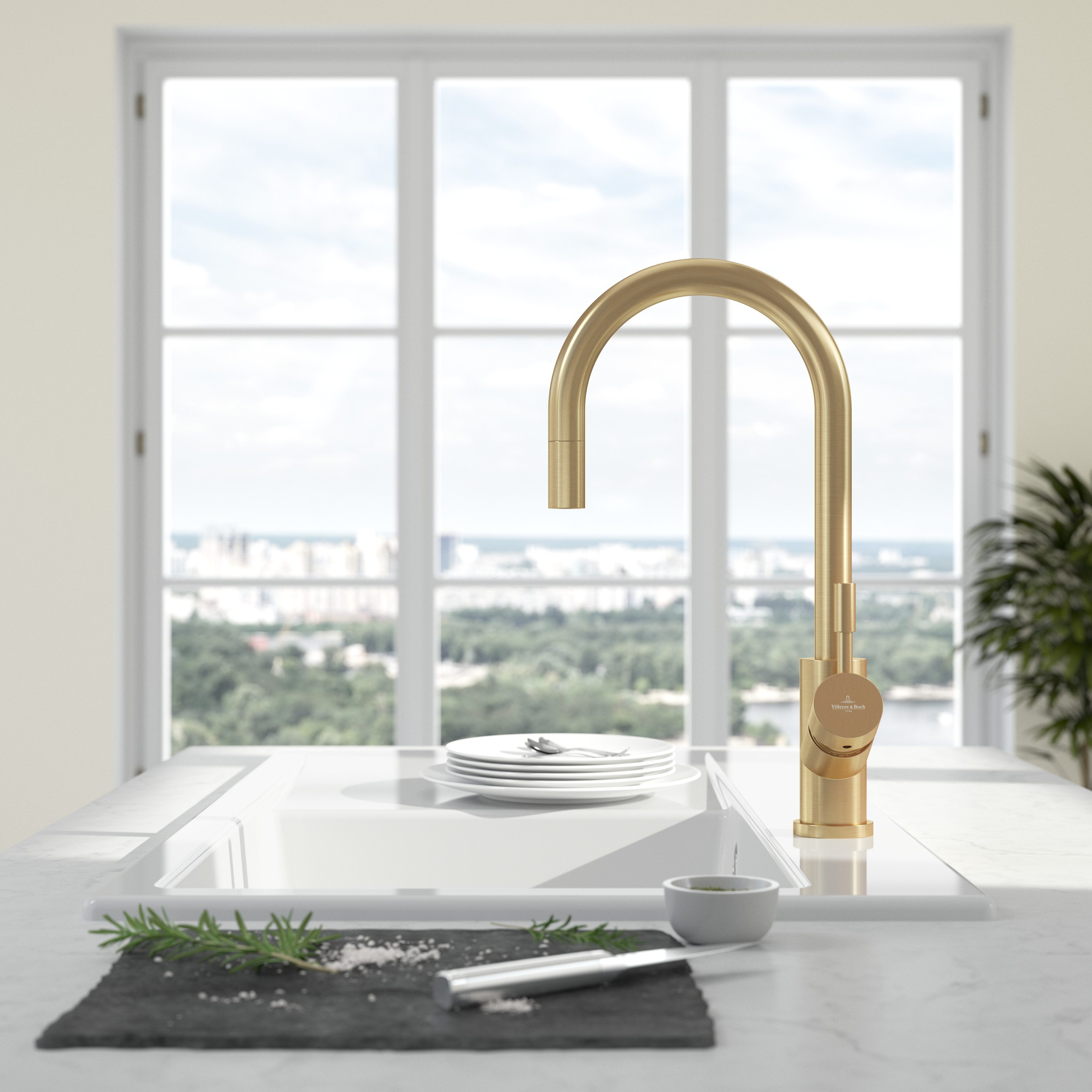 Villeroy & Boch Küchenarmatur Umbrella Flex mit herausziehbarer Handbrause (360° schwenkbar, mit Befestigungs- und Anschlusssatz) Hochdruck-Armatur, Kaltstart-Funktion, Gold