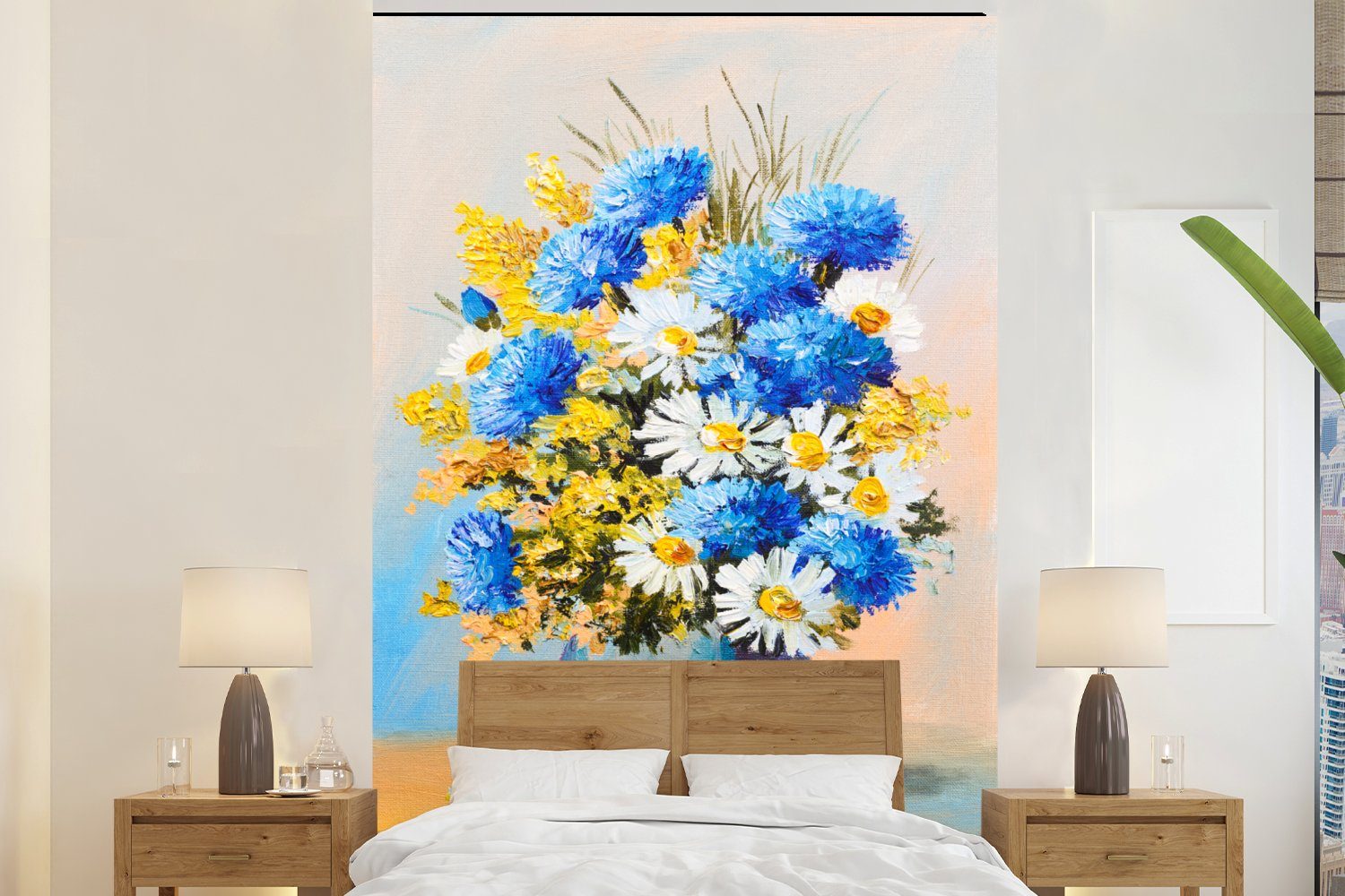 MuchoWow Fototapete Sommerblumen - Ölfarben, Matt, bedruckt, (3 St), Montagefertig Vinyl Tapete für Wohnzimmer, Wandtapete