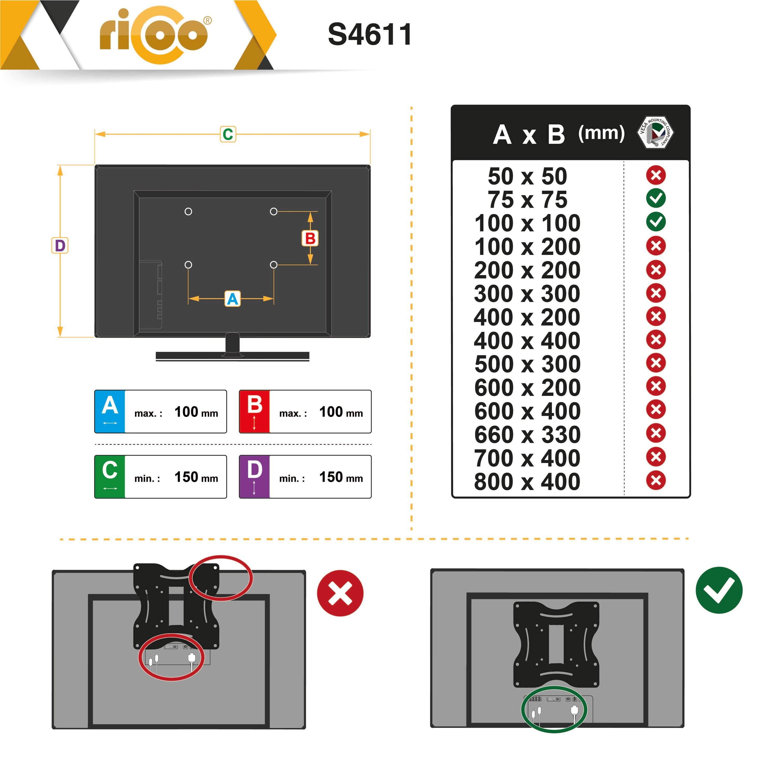 RICOO S4611 TV-Wandhalterung, (bis 32 universal Zoll, VESA Monitor 100x100 schwenkbar Wand Gasfeder) neigbar Halter