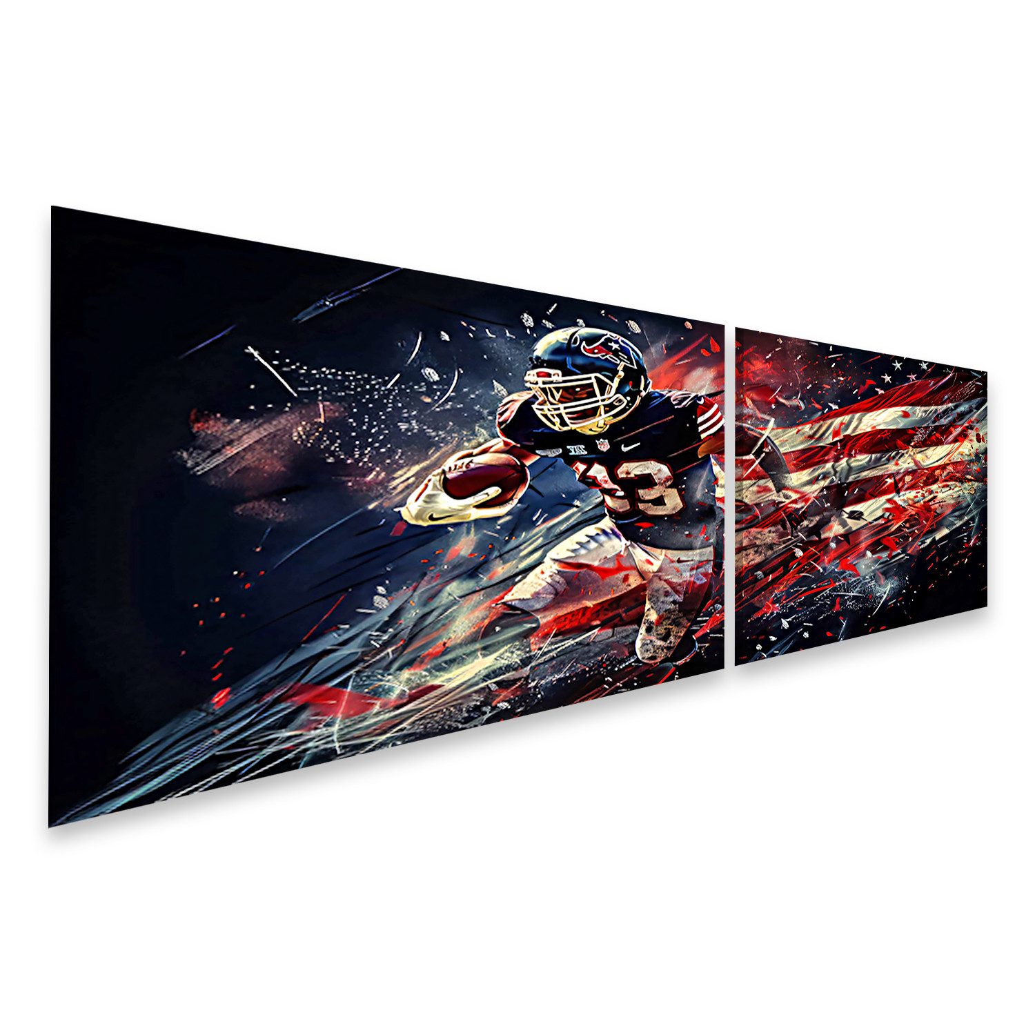 islandburner Leinwandbild, Dynamischer Footballspieler mit amerikanischer Flagge