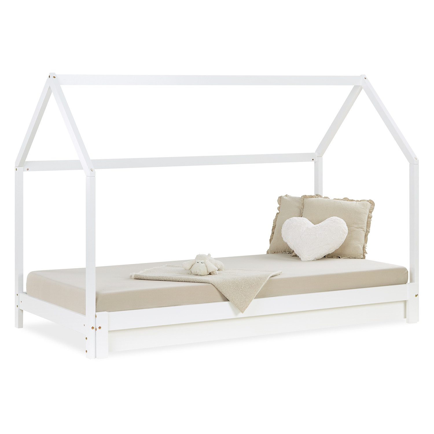 Homestyle4u Kinderbett Familienbett 90x200-187x200 Weiß mit Lattenrost Hausbett Montessori (Set, mit Lattenrost), ebene Liegefläche zum Kuscheln, Stillen und gemeinsamen Einschlafen