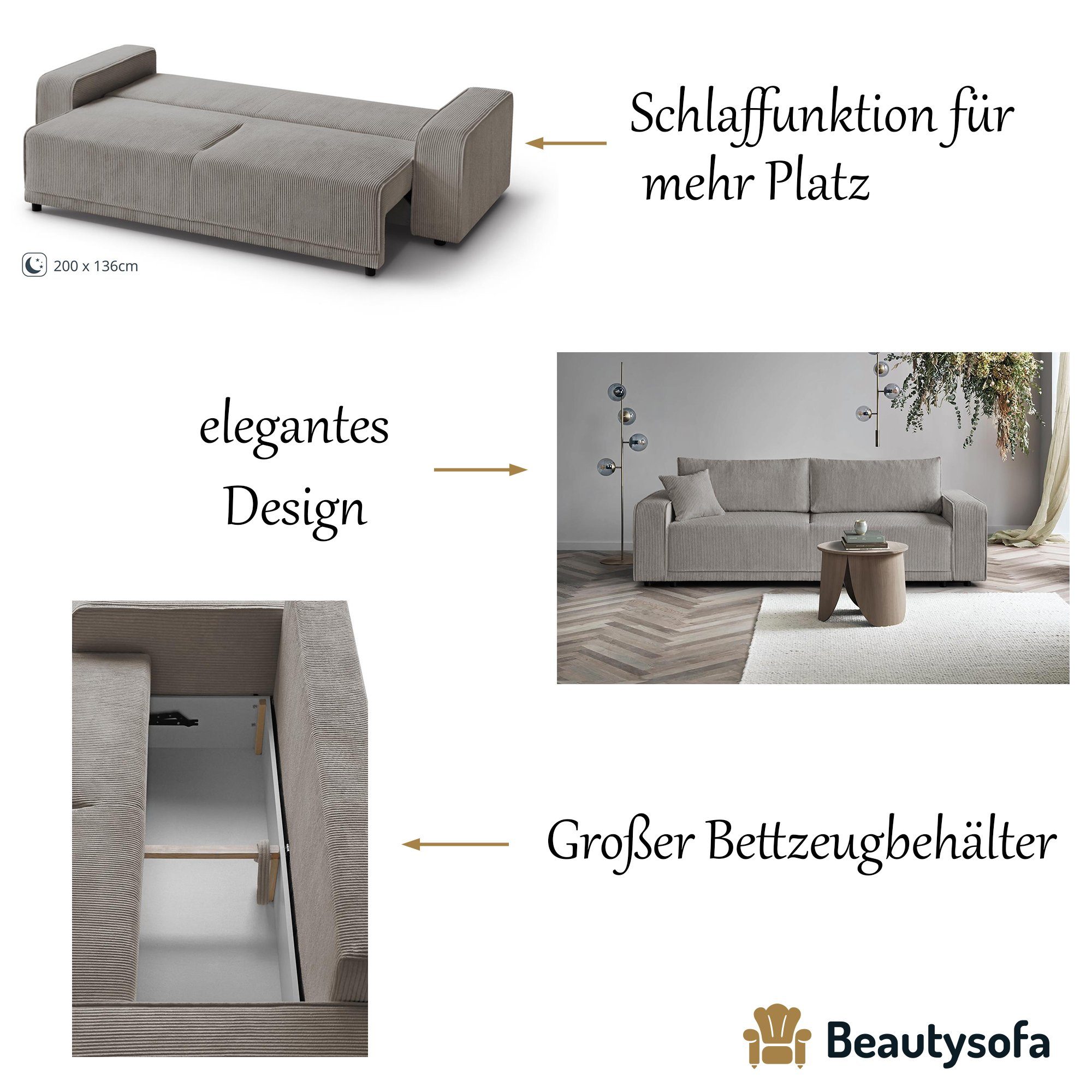 Beautysofa Schlaffunktion, modernes Sofa, 02) Cappucino Bettkasten, Armlehnen Design (poso Schlafsofa PRIMO, Wellenfedern, breite