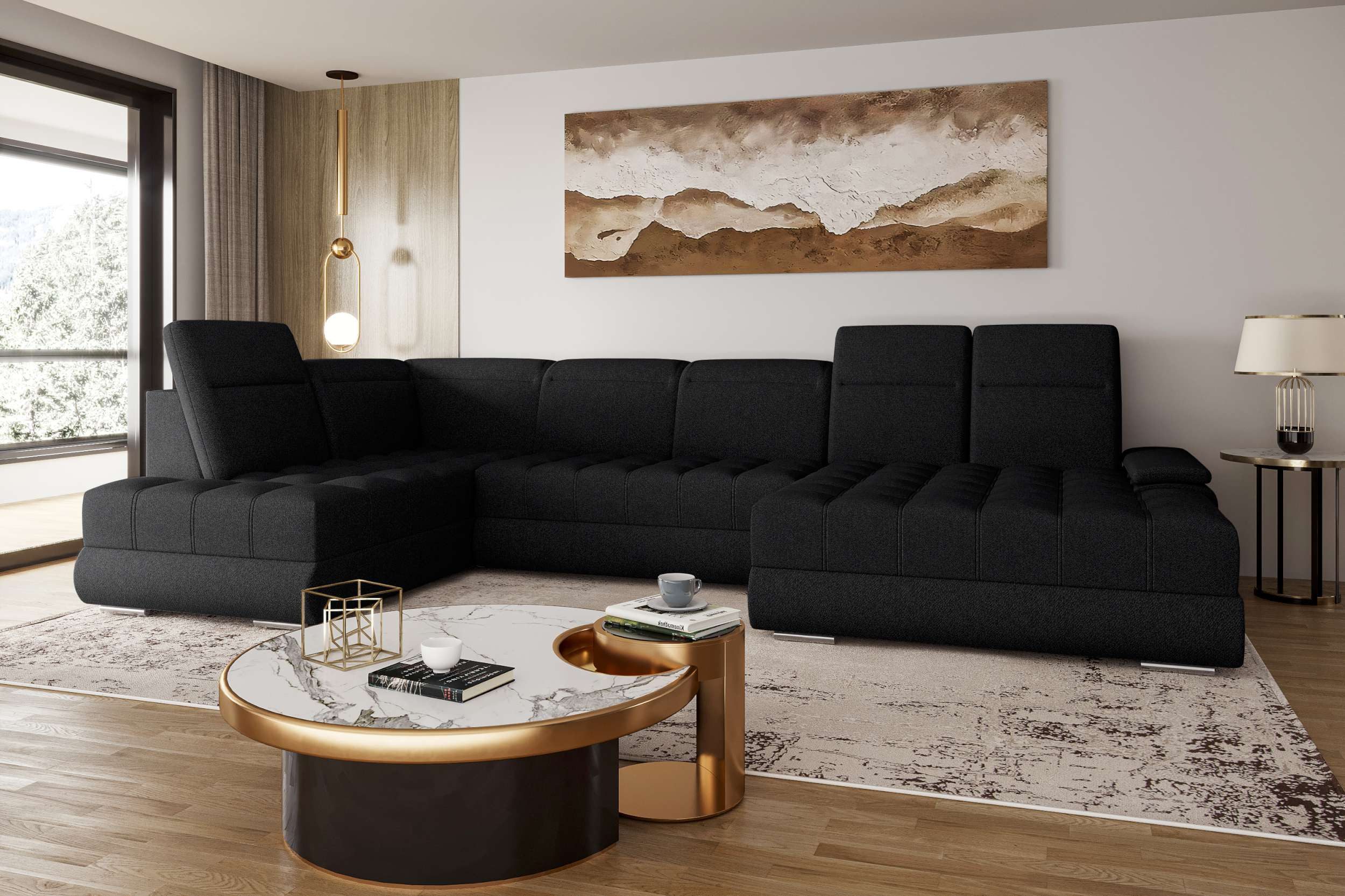 99rooms Wohnlandschaft Toscana, Sofa, U-Form, Rundumbezug aus Strukturstoff NEVE, mit und ohne Schlaffunktion