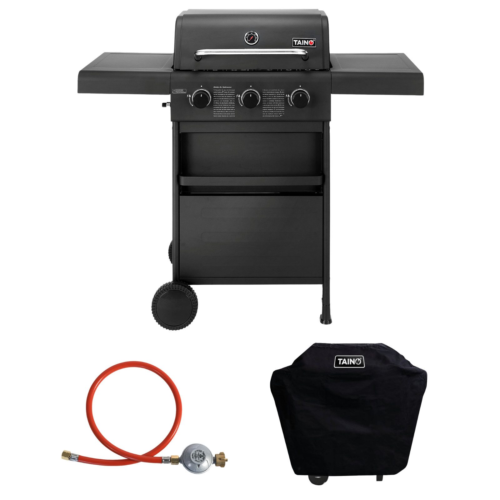 TAINO Gasgrill Compact 3+0, Gasgrill mit Abdeckhaube, Gasdruckminderer und Gasschlauch, Piezozündung, Hauptbrenner aus Edelstahl, klappbare Seitentische