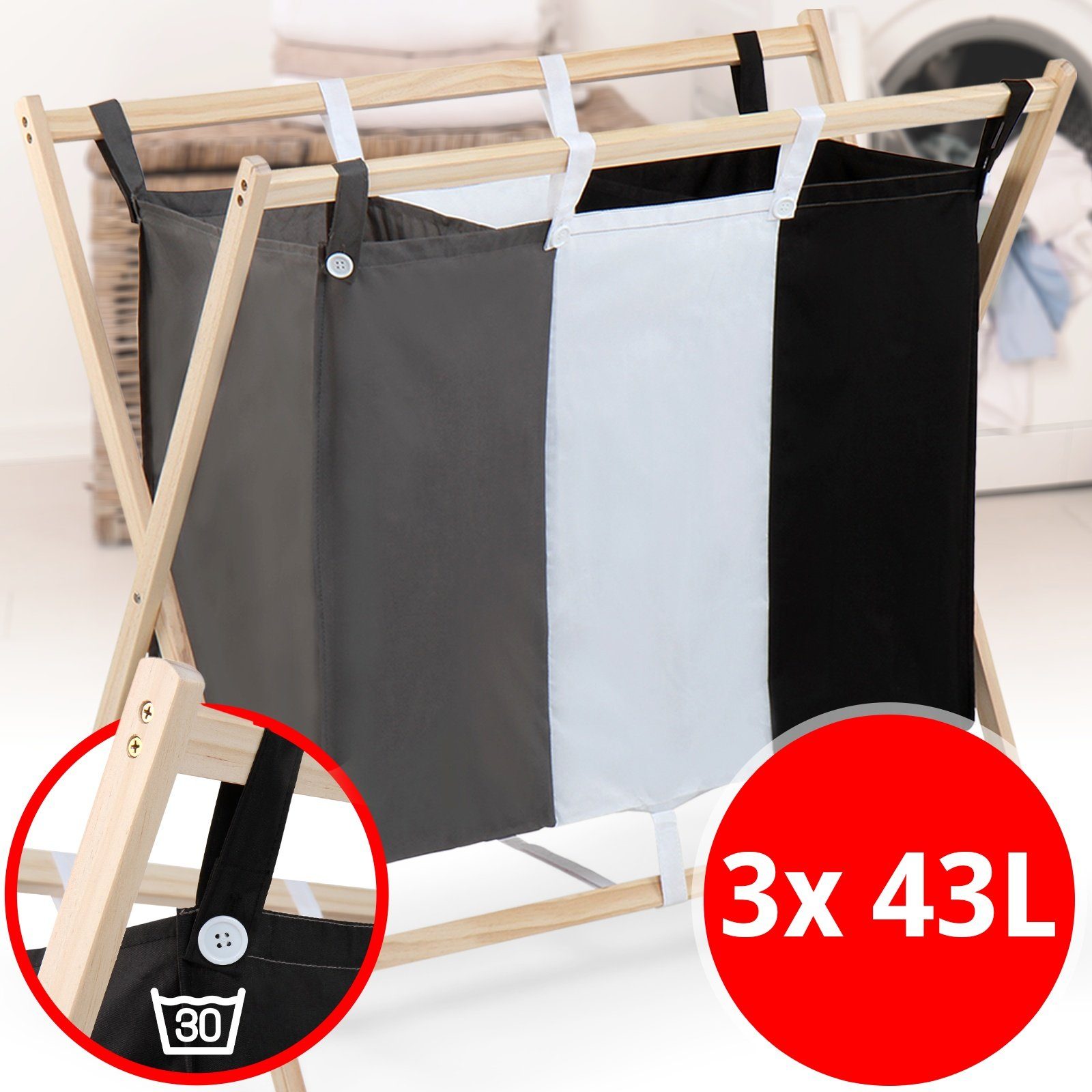 VENDOMNIA Wäschesortierer 3 Fächer aus Stoff (faltbar, Gestell aus Holz, stabil, 128 L Volumen, Wäschebehälter, Wäschebox, Wäschekorb, Wäschesammler für Kleidung), (L/B/H): ca. 76,5/40/74 cm