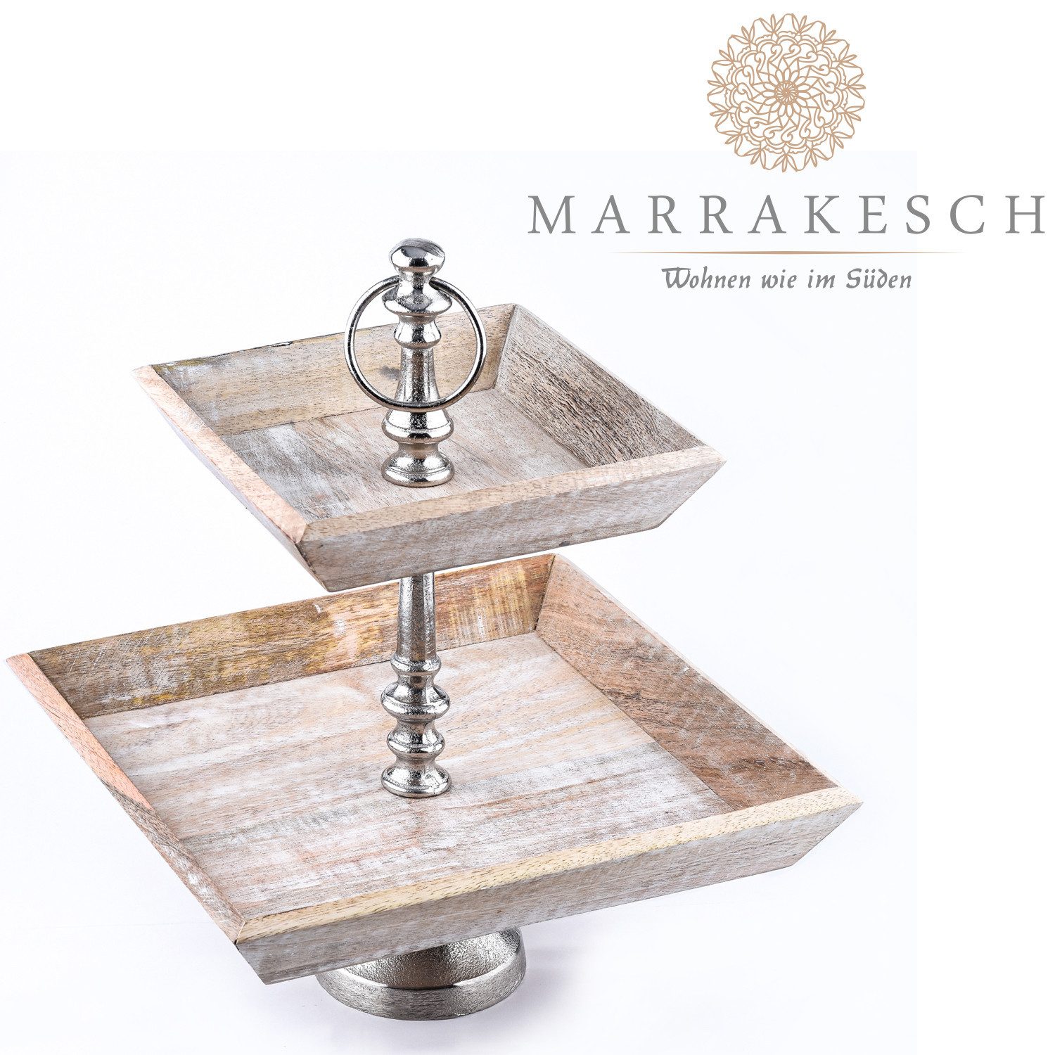 Marrakesch Orient & Mediterran Interior Etagere Vintage Obst-Etagere Ansgar 2 Etagen edel aus Holz und Aluminium 38 cm, Aluminium, Holz, (1-tlg), handgefertigt