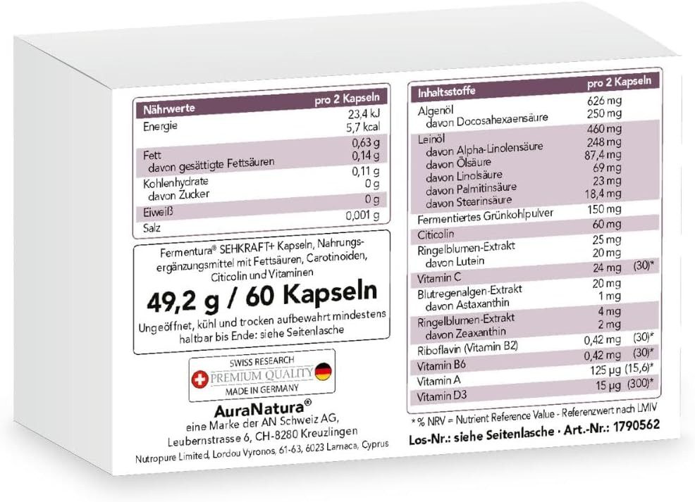 Aura Natura Fermentura® SEHKRAFT Plus - Lutein Zeaxanthin Kapseln - Augen Vitamine Kapseln, 1 er Packung à 60 St., Augenvitamine