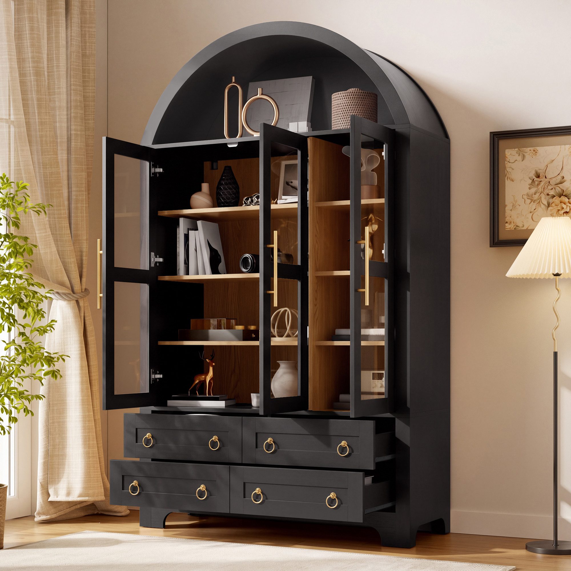 Merax Hochschrank Bogen-Mehrzweckschrank Glasvitrine mit Aluminiumgriffen (Anrichte Sideboard Aufbewahrungsschrank, 1-St., 110 L x 40 B x 185 H cm) Wohnzimmersc – Bild 4 von 5