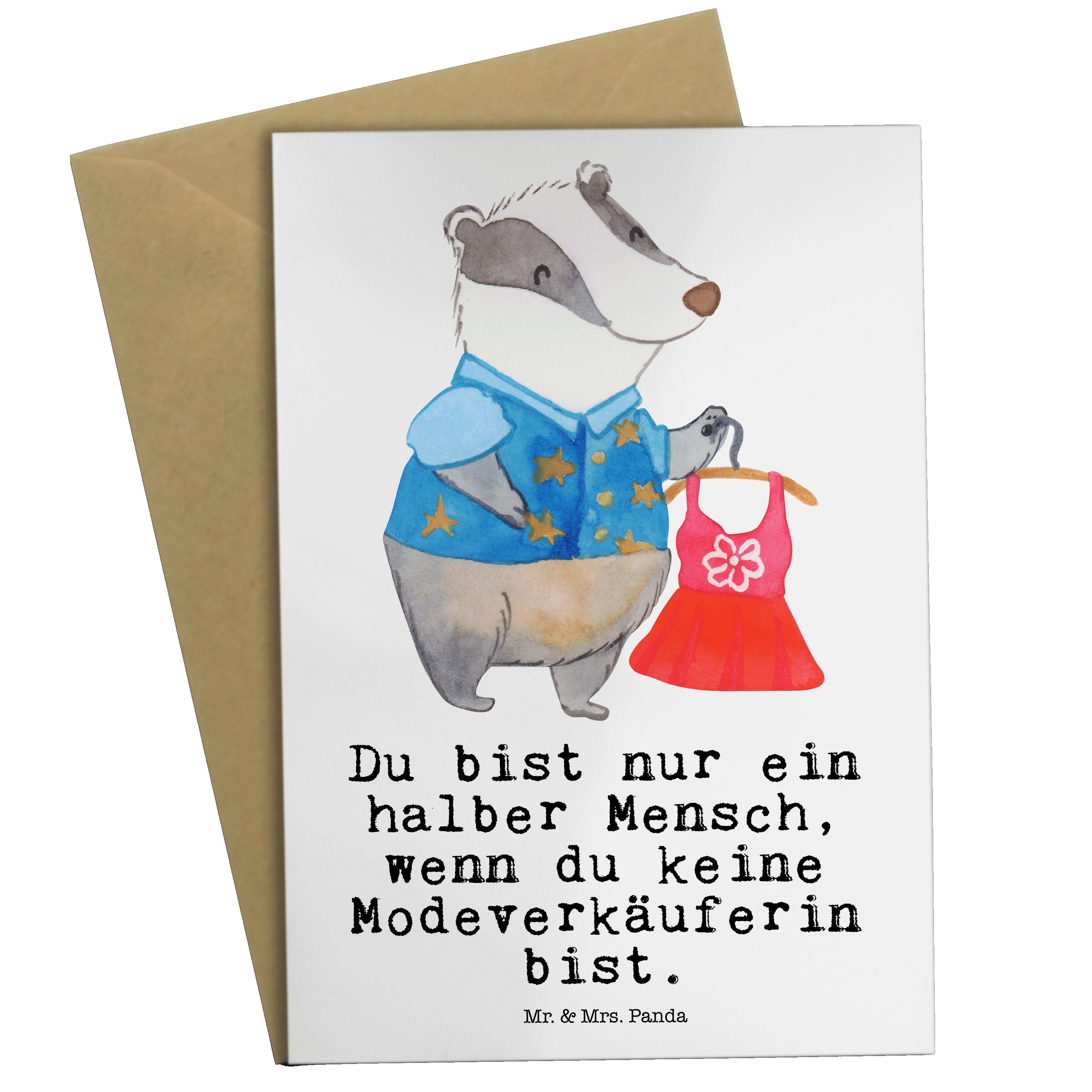 Mr. & Mrs. Panda Grußkarte Modeverkäuferin mit Herz - Weiß - Geschenk, Geburtstagskarte, Hochzei