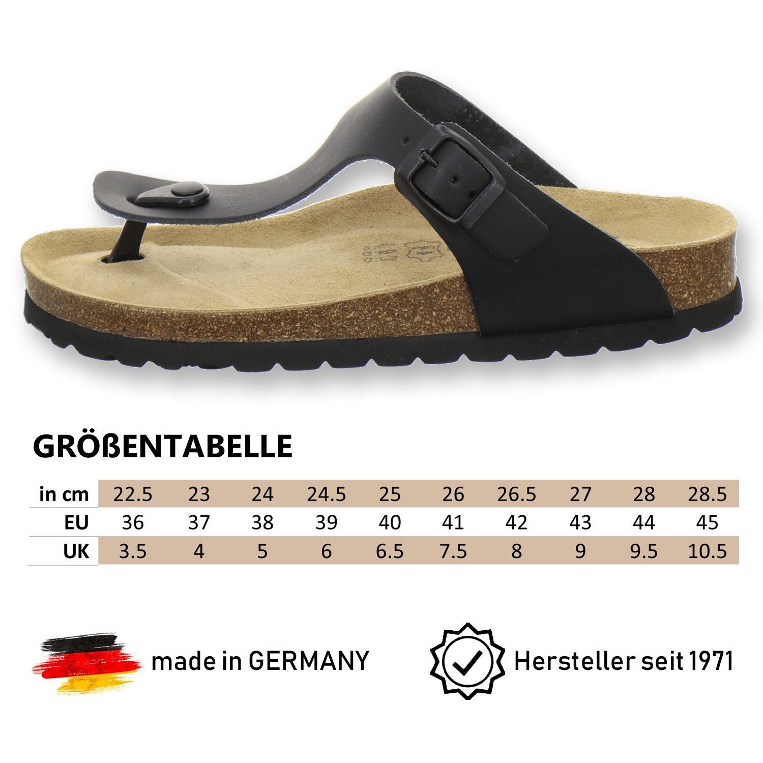 Damen Leder 2107 für in Made Fussbett, Zehentrenner AFS-Schuhe mit Glattleder schwarz aus Germany