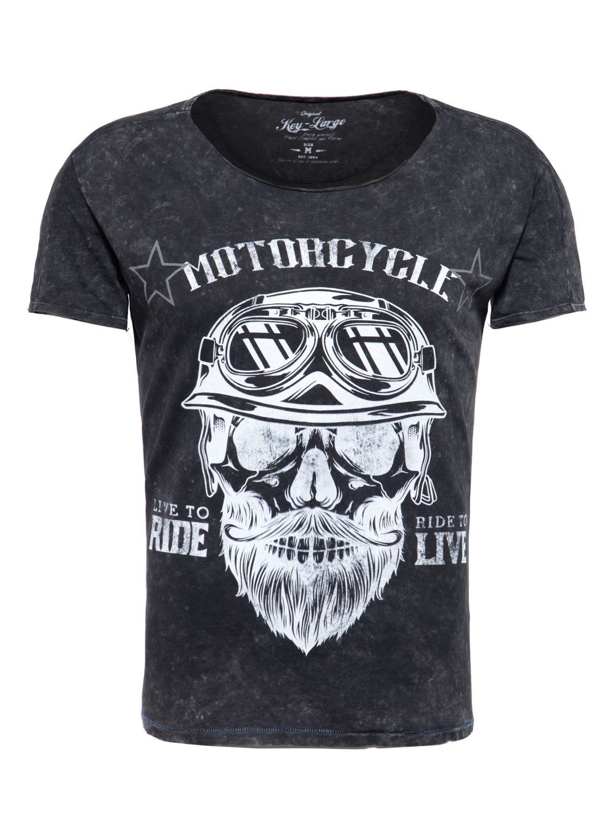 Herren fit Print bedruckt T-Shirt MT00203 Biker Rundhalsauschnitt Bearded Largo Schwarz Key für kurzarm Skull Motiv vintage Look slim