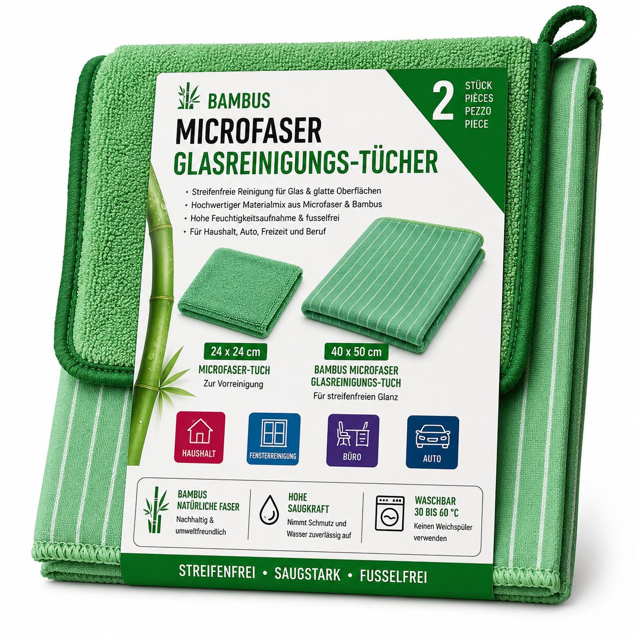 HH-Haushalt Bambus Microfasertücher Glasreinigung 2er Set 40 x 50 cm Reinigungstücher