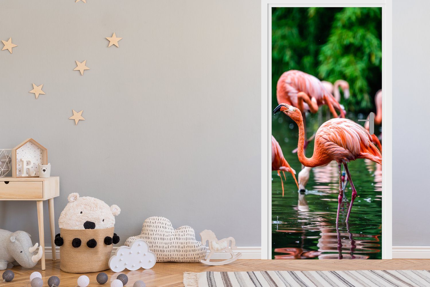 Türtapete Rosa, Wasser - - Flamingo MuchoWow Türaufkleber, (1 Matt, Tropisch bedruckt, cm - 75x205 St), Fototapete Tür, Vogel für -