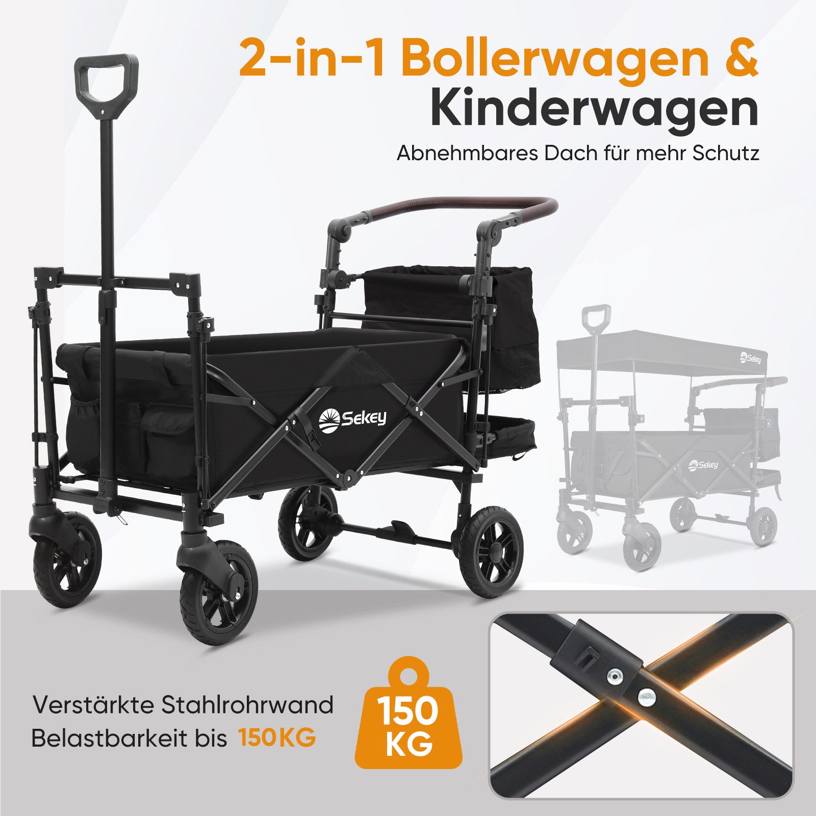 Sekey Bollerwagen 150 kg Faltbarer Bollerwagen mit Dach und 3-Punkt-Sicherheitsgurt, Faltbarer Handwagen Schiebegriff, Transportwagen mit Bremsen
