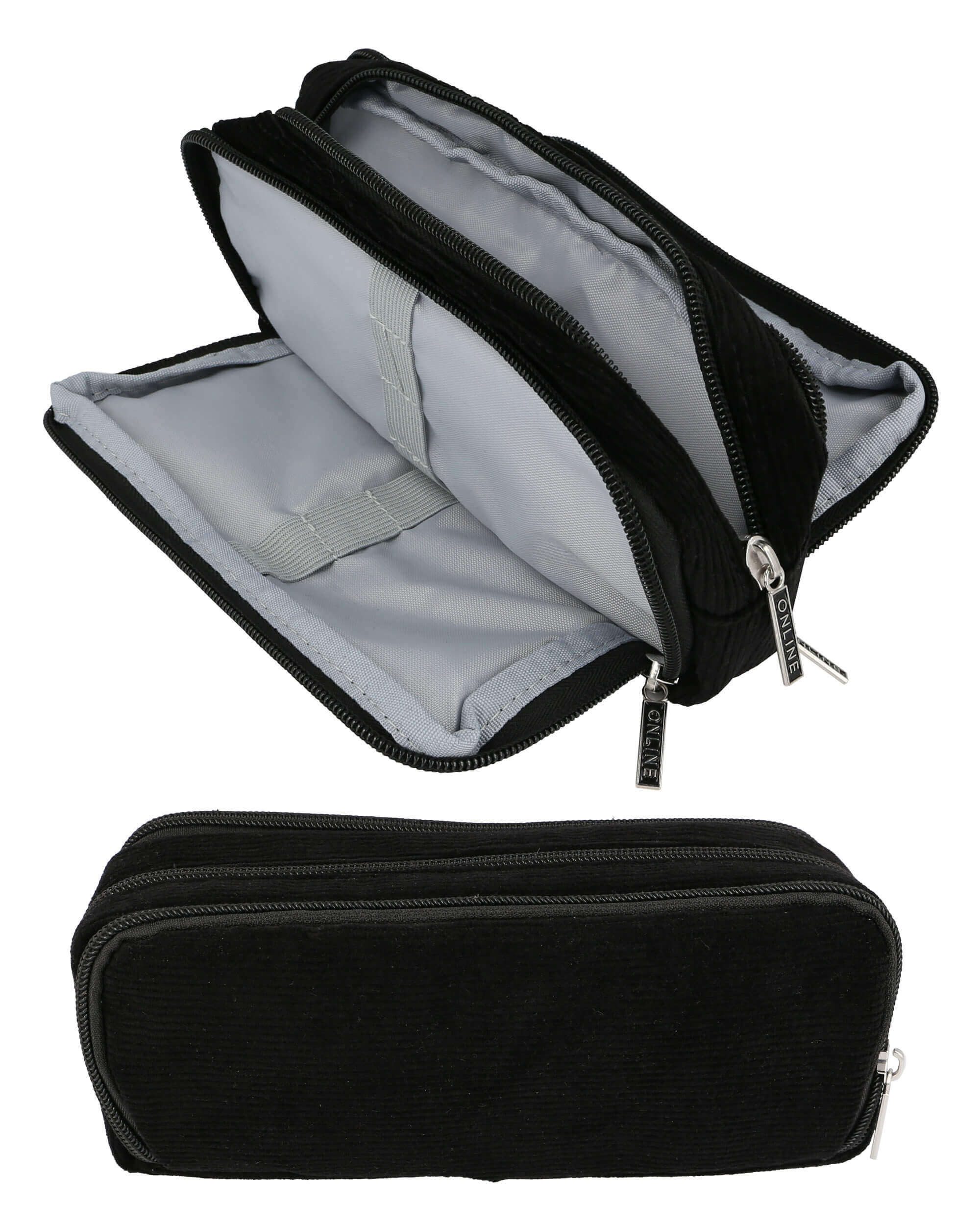 Online Pen Federmäppchen Schlampermäppchen Triple Cord Black, 3 Fächer, Stifteetui für die Schule, Uni