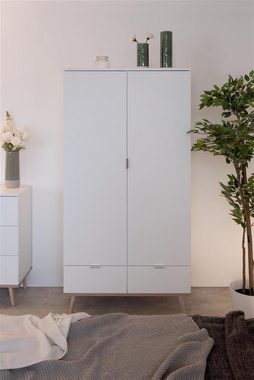 möbelando Kleiderschrank Göteborg Moderner Kleiderschrank in skandinavischen Design aus Spanplatte in Weiß und Füßen aus Massivholz in Sonoma-Eiche, mit 2 Türen, 2 Schubkästen, 2 Einlegeböden, 2 freien Fächern und einer Kleiderstange. Breite 90 cm, Höhe 180 cm, Tiefe 55 cm