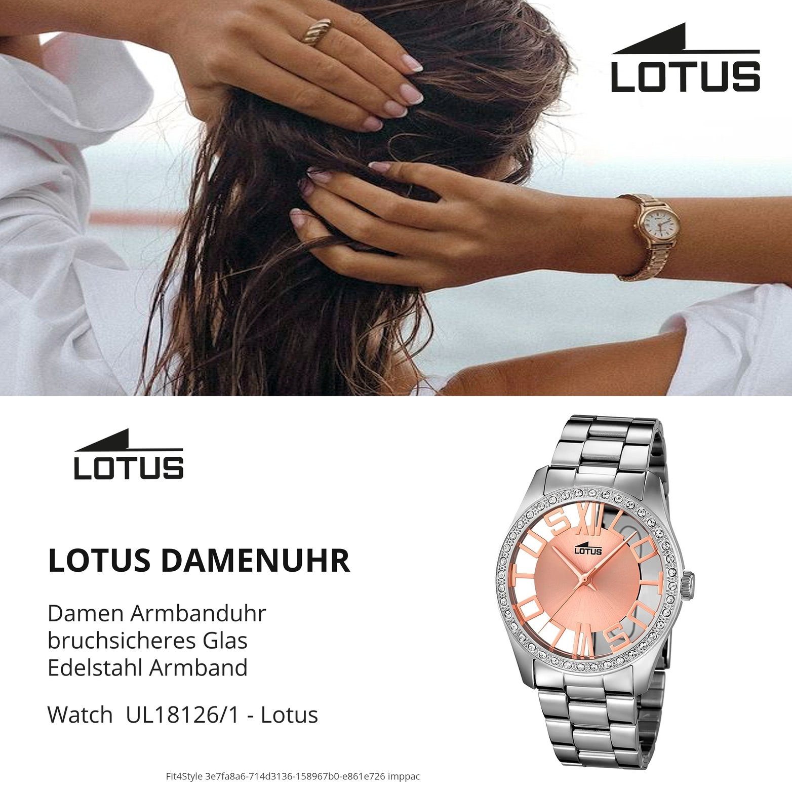 Uhr L18126/1, Edelstahlarmband, Damenuhr Lotus rundes Lotus Quarzuhr Gehäuse, (ca. 36mm), mittel Edelstahl mit Damen Fash