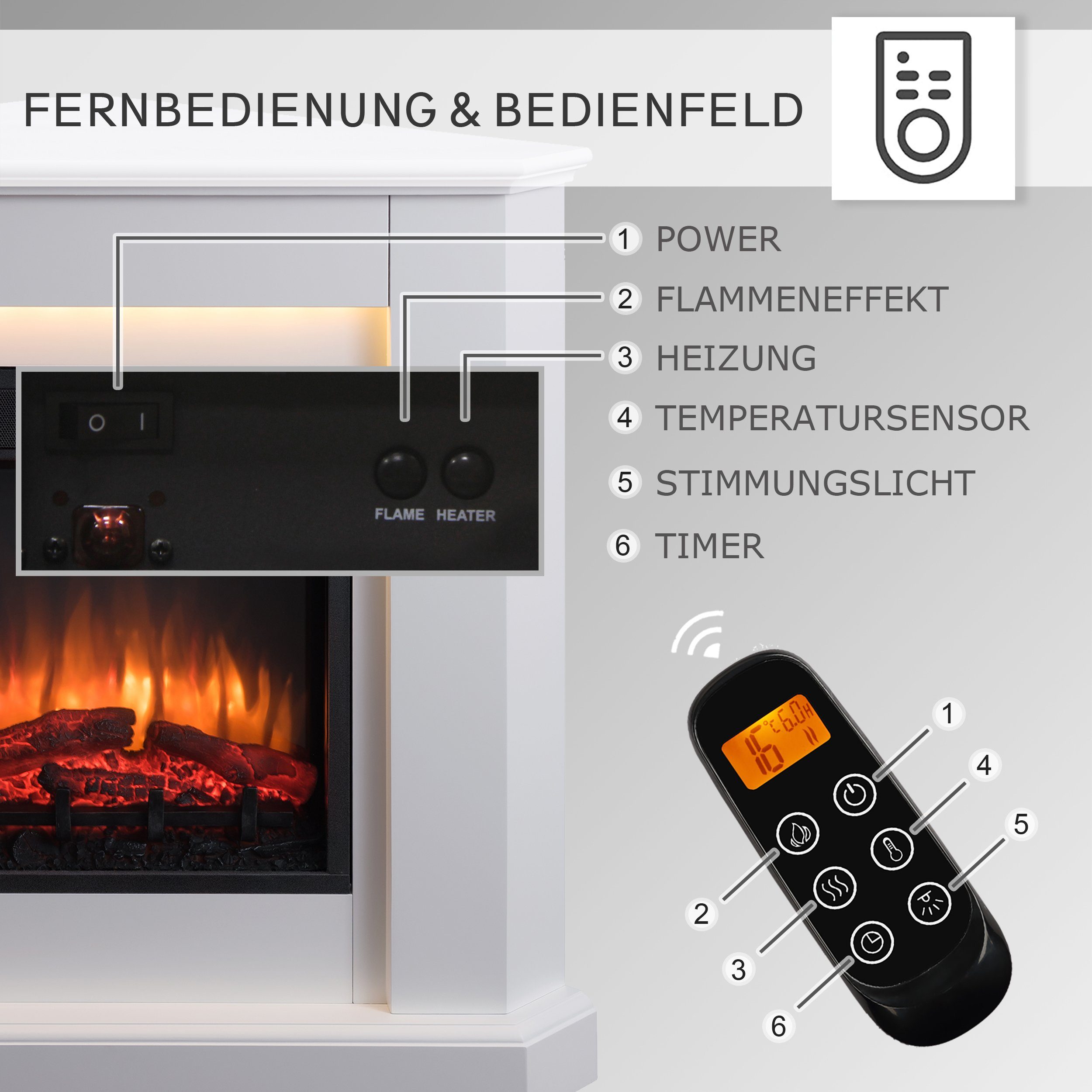 Heizung Thermostat, 3D-Flammeneffekt, Candela, Fernbedienung, Timer RICHEN Elektrokamin W, 2000 Eckkamin LED-Beleuchtung, mit
