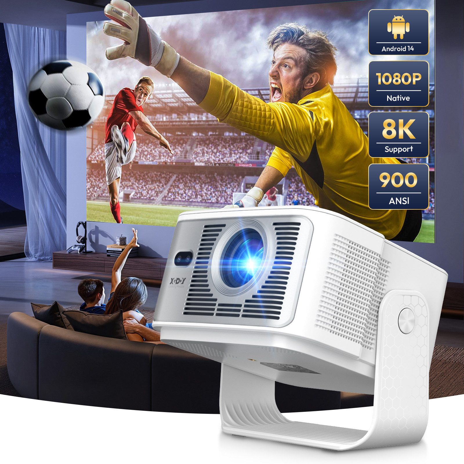 XGODY Mini Beamer 4K/8K 1080P Unterstützt [Android 14 & 180° Drehbar] Beamer (15000:1, 3840X2160 px, Smart Beamer Klein mit 900 ANSI, WiFi 6 Bluetooth 5.4, Autofokus)
