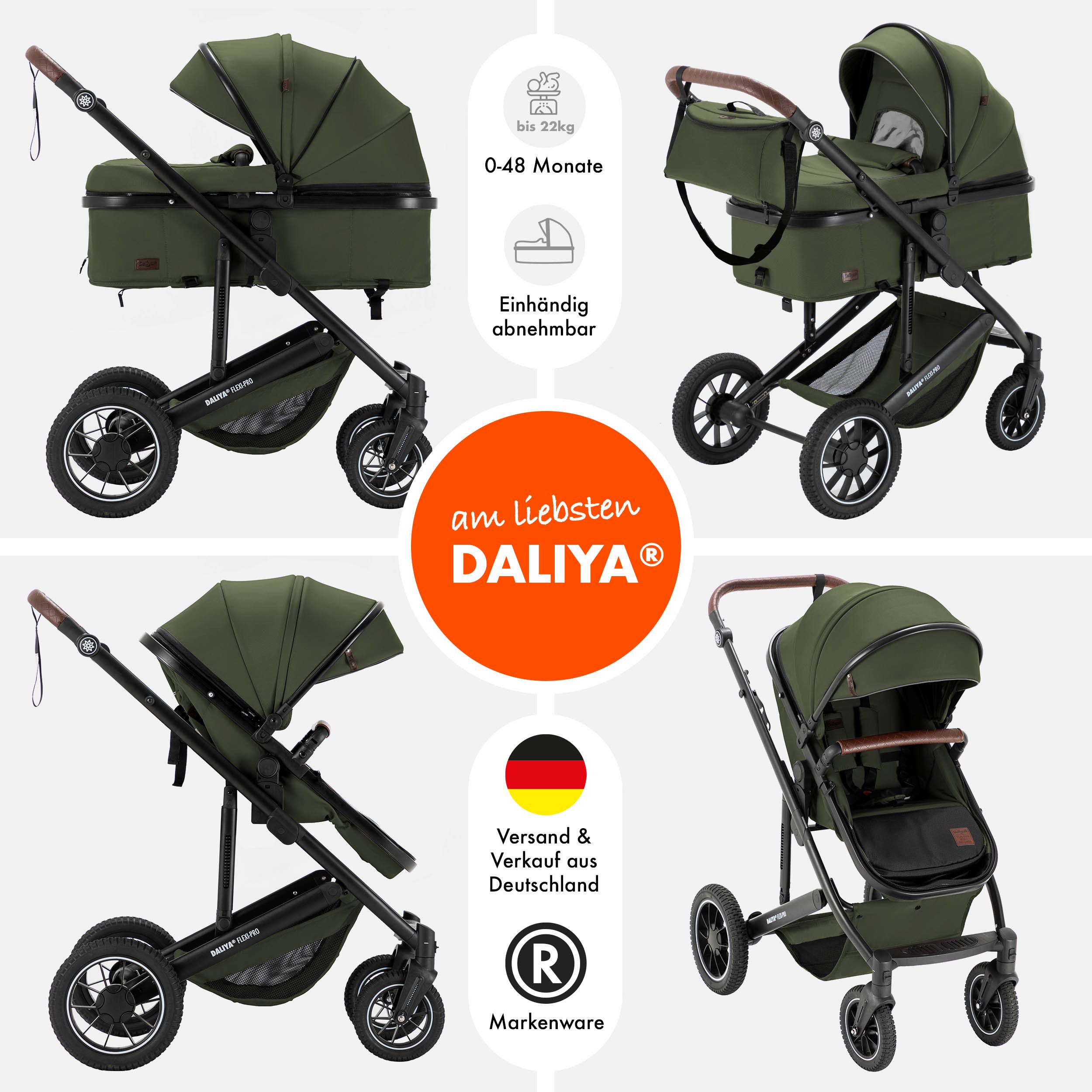 Daliya® Kombi-Kinderwagen FLEXI-PRO M 2in1 Kinderwagen & Buggy, Reisekinderwagen, XXL Set, (10-tlg), Einhändig abnehmbare Wanne, Alu-Rahmen, Gummireifen, Gurte, UV 50+