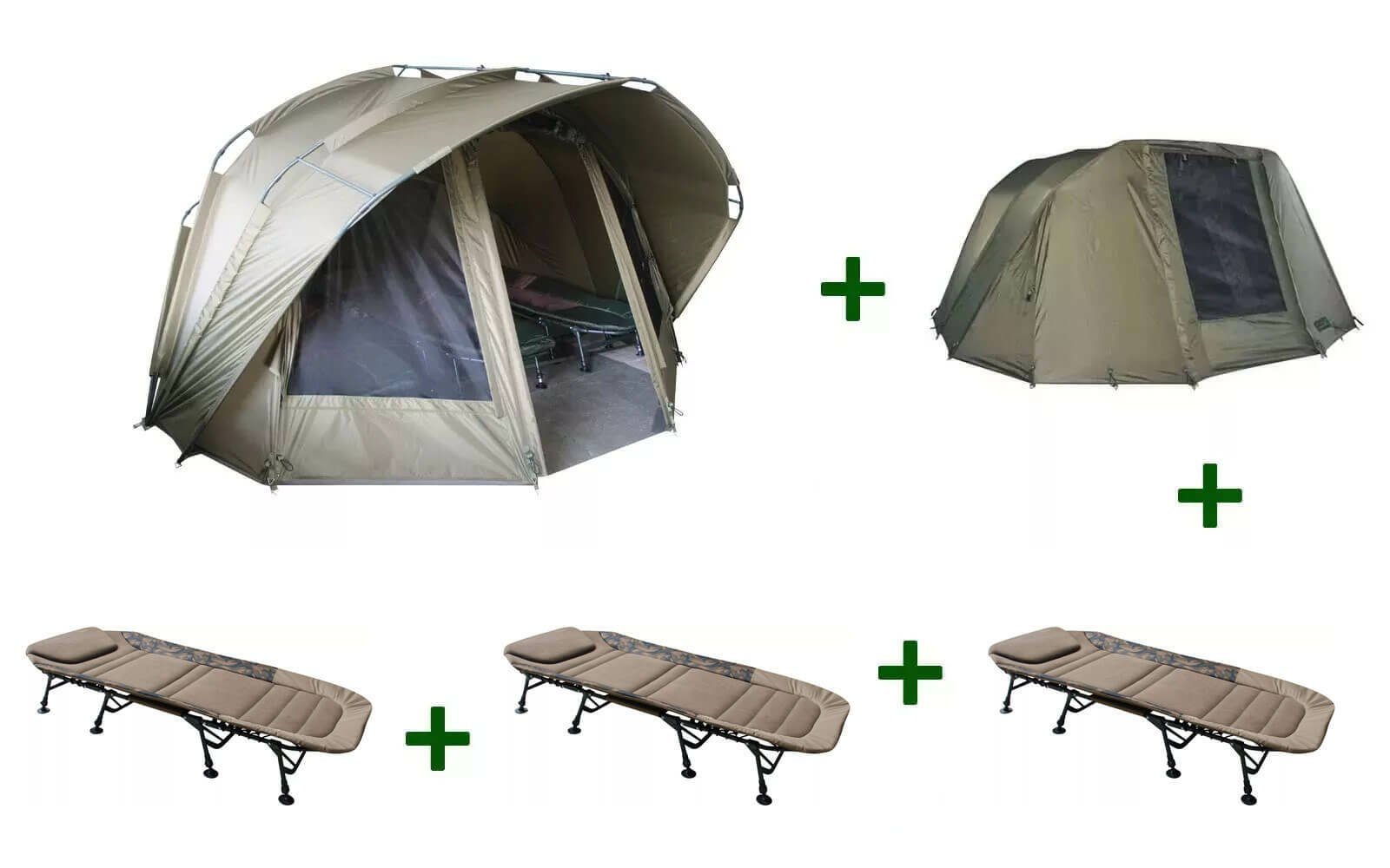 Angelzelt Fort Knox 2.0 Dome 3,5 Man Bivy + Winterskin + 3 MK Flatsize Bedchairs