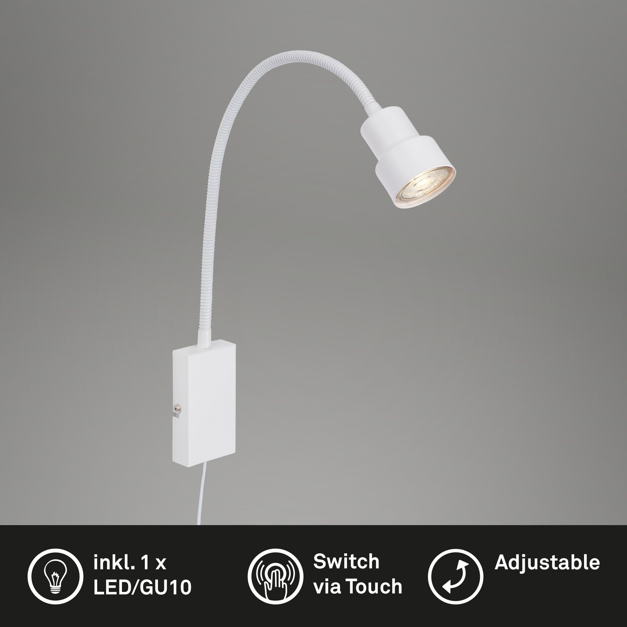 Briloner 2085-016, Wandleuchte LED weiß, Warmweiß, 1xLED/GU10 inkl. LED inkl. Leuchten wechselbar, Touchfunktion, flexibler Arm,