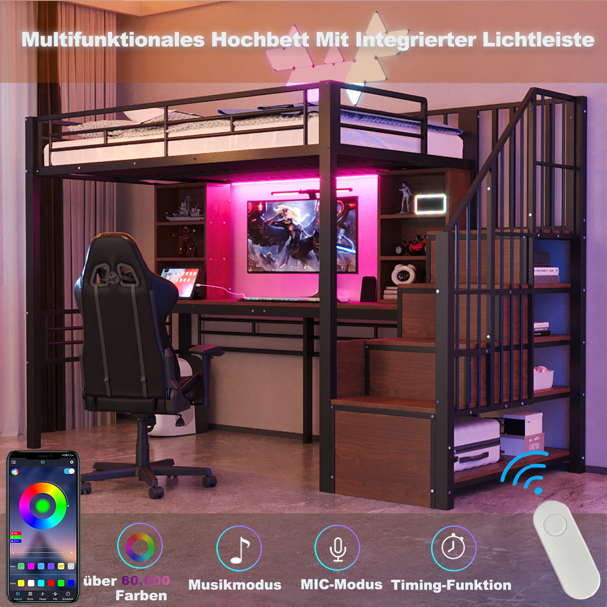REDOM Hochbett mit Stauraumtreppe, Schreibtisch und LED-Beleuchtung (inklusive Steckdose und hohem Schutzgitter, Jugendbett Funktionsbett, 90x200 cm) ohne Matratze