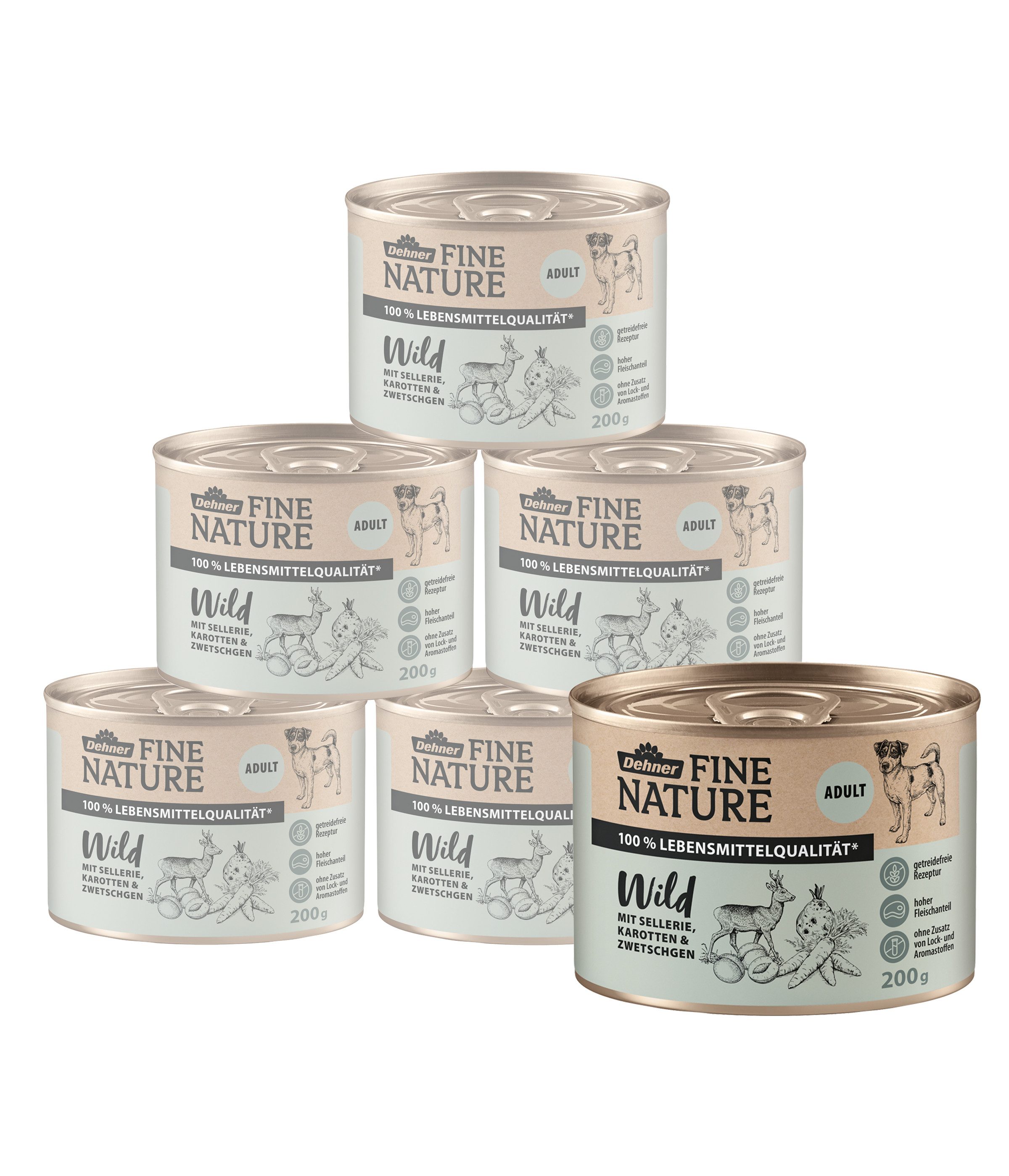 Dehner Fine Nature Adult Wild, 6 x 200 g / 400 g / 800 g Dose, getreidefrei Wild, Nassfutter für: Hunde, Nassfutter für ausgewachsene Hunde, Lebensmittelqualität