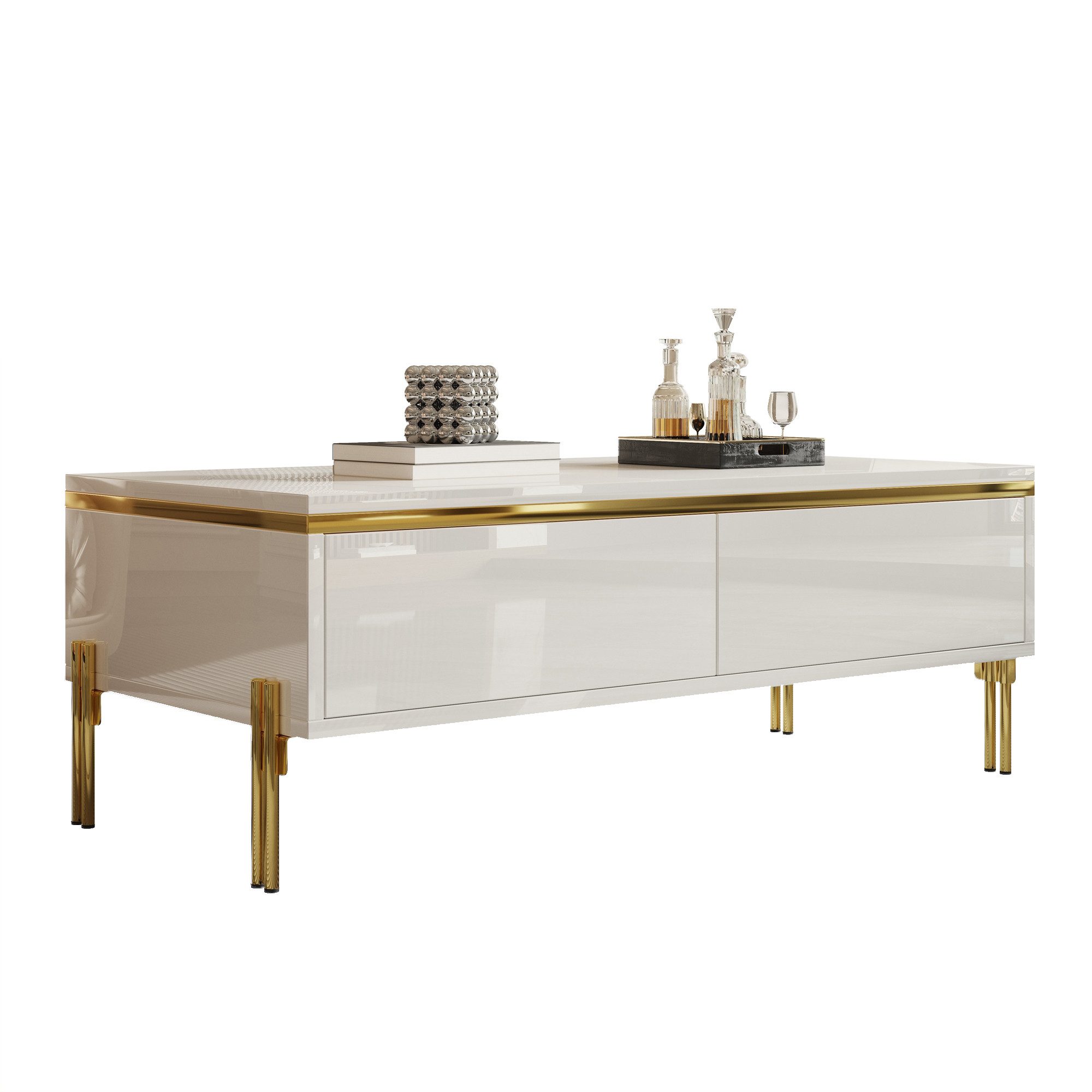 Merax Couchtisch hochglanz Sofatisch Beistelltisch mit goldenen Zierelementen (1-St), Wohnzimmertisch mit Doppelschubladen und Metallbeinen, 100x50x36cm
