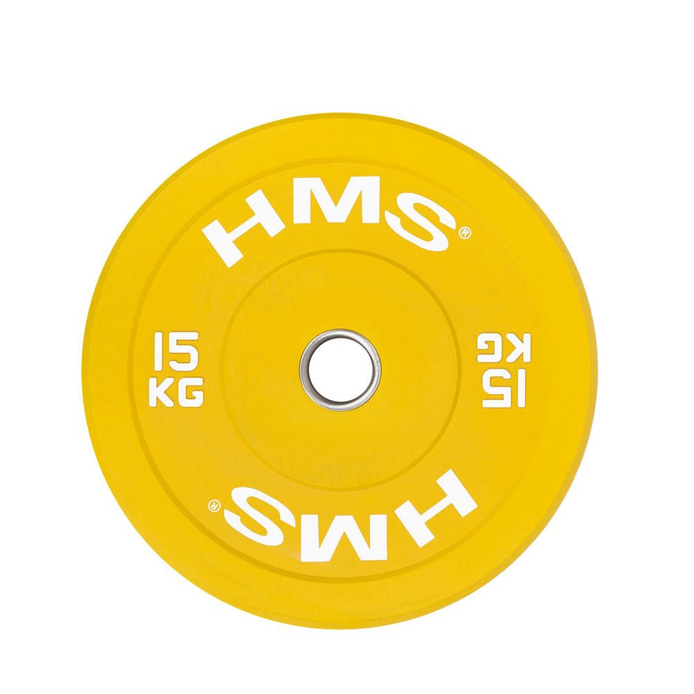 HMS Hantelscheibe Bumper Gewichtsscheibe Langhantelscheibe, 15.0 kg, (Spar-Set, 1-tlg., 45 cm Durchmesser gelb), gummiert, kalibriert, IWF-Farbcode, Edelstahl
