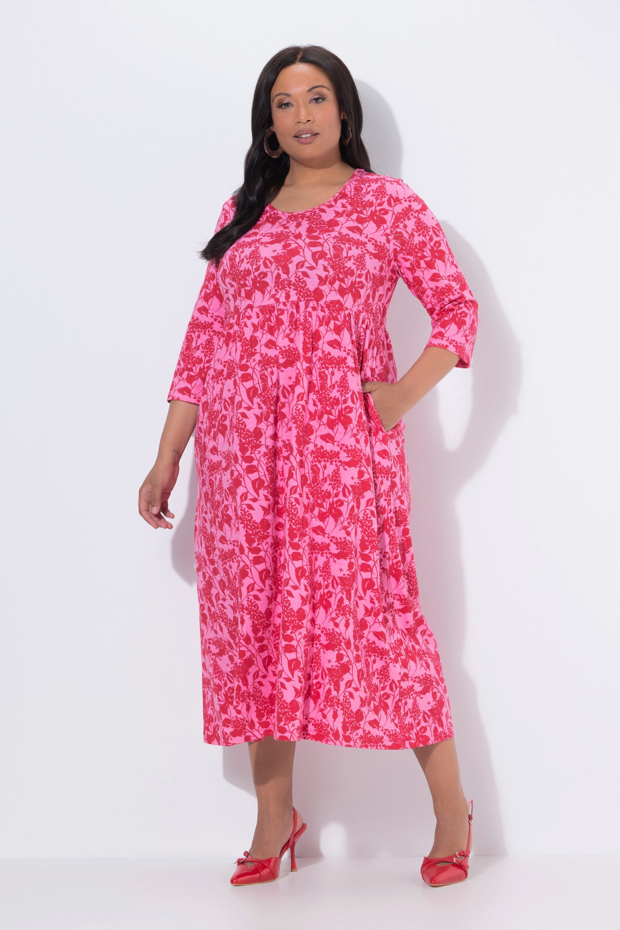 Ulla Popken Maxikleid Maxikleid Blüten A-Linie Rundhals 3/4-Arm Taschen günstig online kaufen