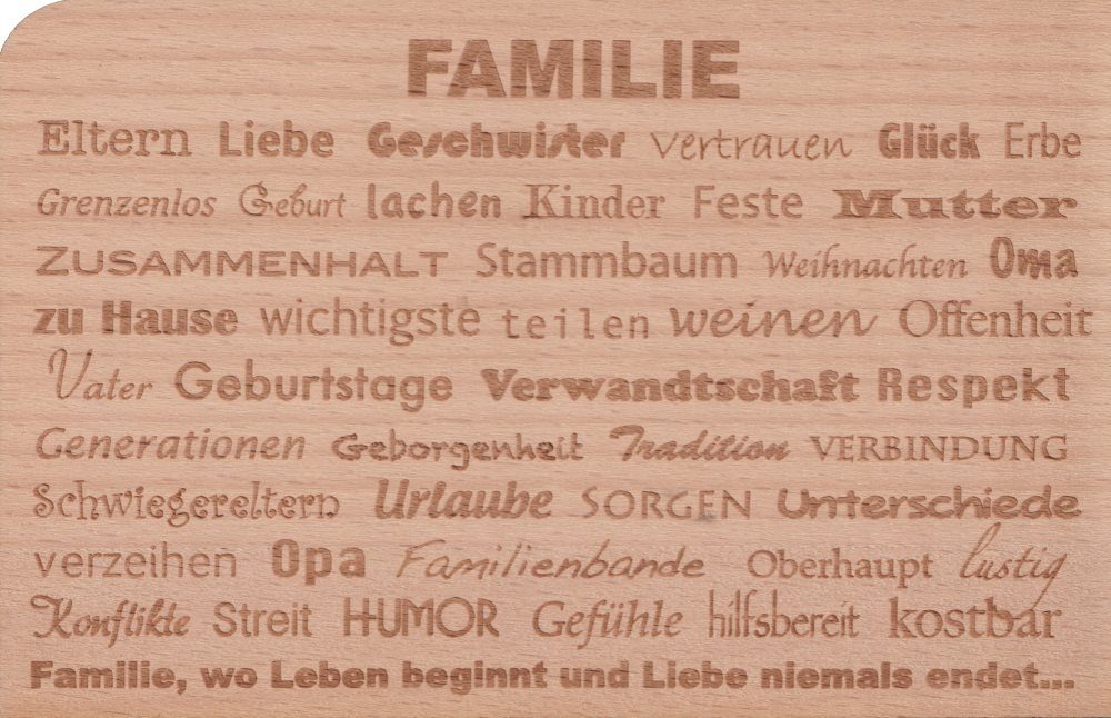 Postkarte Holzpostkarte "Familie ... Eltern . Liebe . Geschwister . Vertrauen"