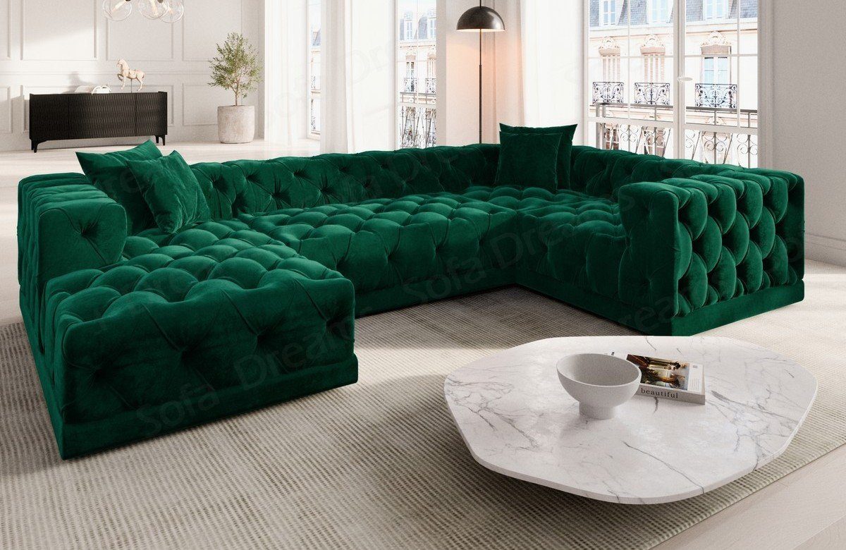 Sofa Dreams Wohnlandschaft Designer Stoff Sofa Palma U Form Samtstoff Stoffsofa, Loungesofa, Chesterfield Stil grün37