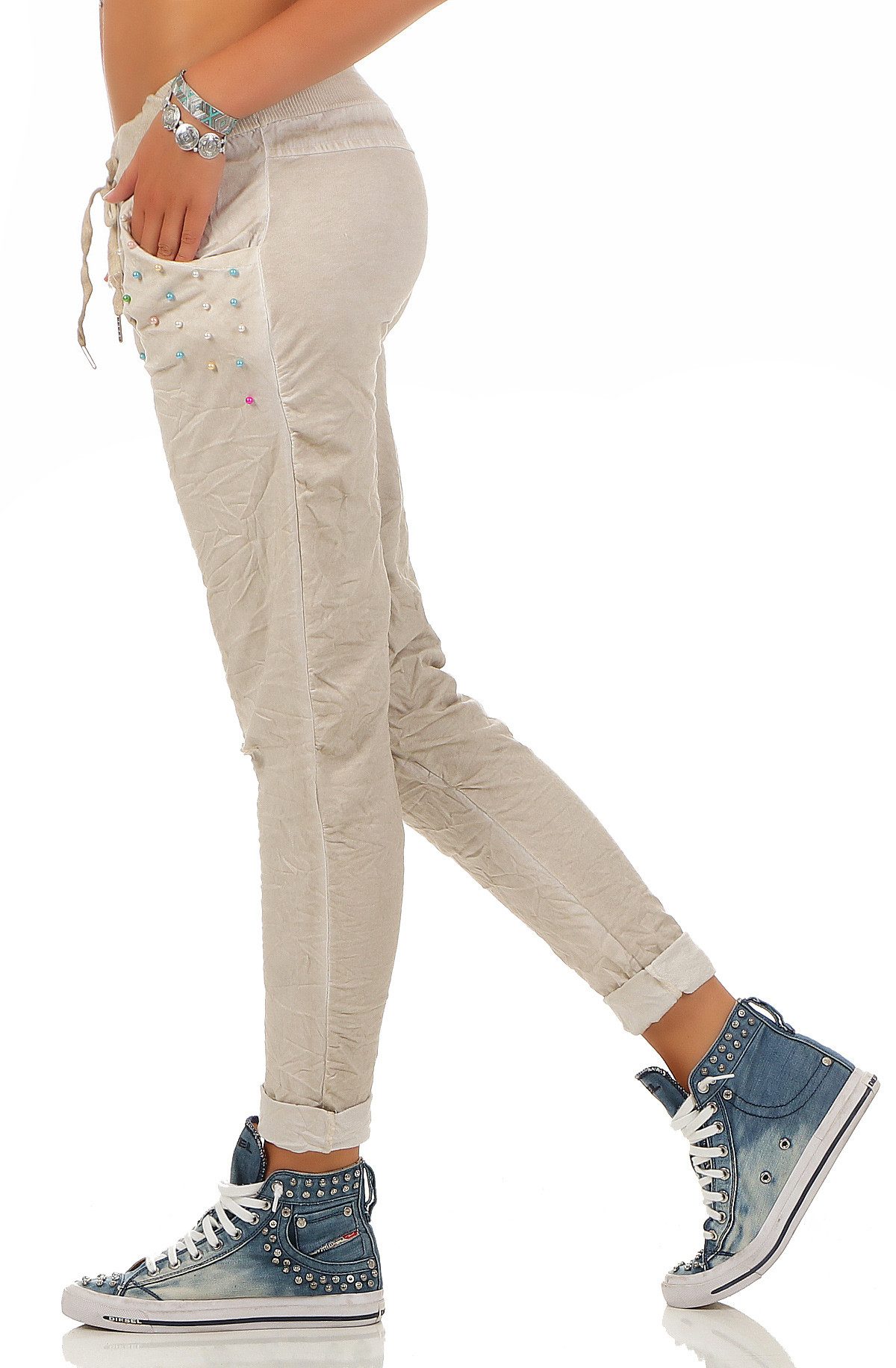 Mississhop Chinohose Trendige Jogger-Hose mit Print & Patches – Bequem günstig online kaufen