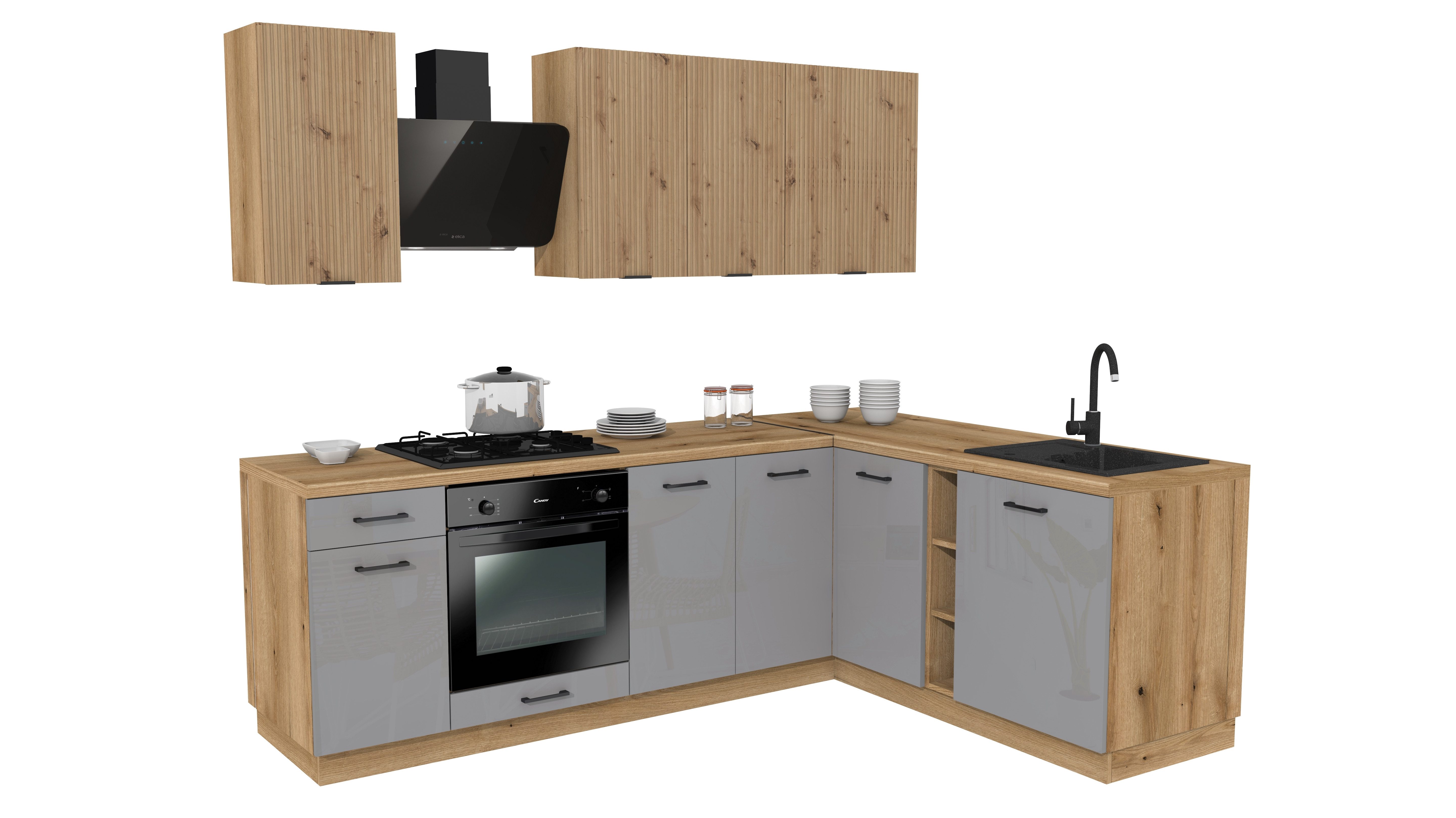 ROYAL24_MARKT Winkelküche - SIMPLY Z14 - Grau Hochglanz / Eiche Rille, (Komplett Set), Edle Materialien - Stilvolles Design - Hohe Qualität